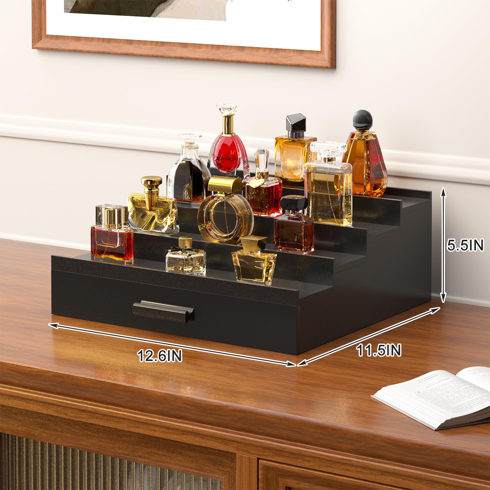 4-Tier Wooden Cologne Organizer for Men with Drawer Storage - Elevated Perfume Display Stand & Storage Riser - Perfect for Dresser, Bathroom, or Vanity - Great Gift Idea (Black)