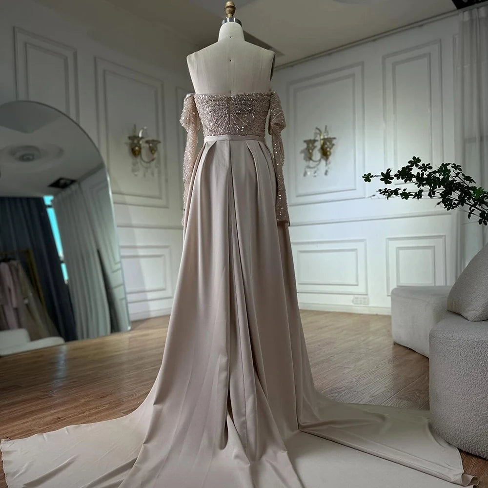 Luxury Dubai Arabic Pearl Beaded Mermaid Evening Gown with Detachable Overskirt - Formal Wedding Dress for Brides, Prom, Gala & Special Occasions