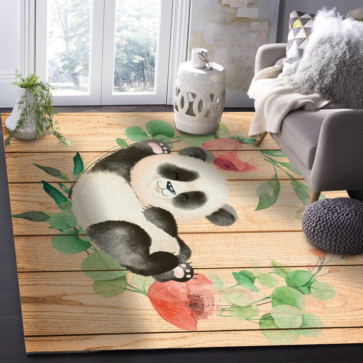 5' x 7' Panda Area Rug - Non-Slip Indoor Outdoor Rug with Floral Panda Design, Machine Washable for Easy Cleaning - Perfect for Living Room, Bedroom, Patio, Deck & Picnic Blanket - Soft & Durable Home Decor