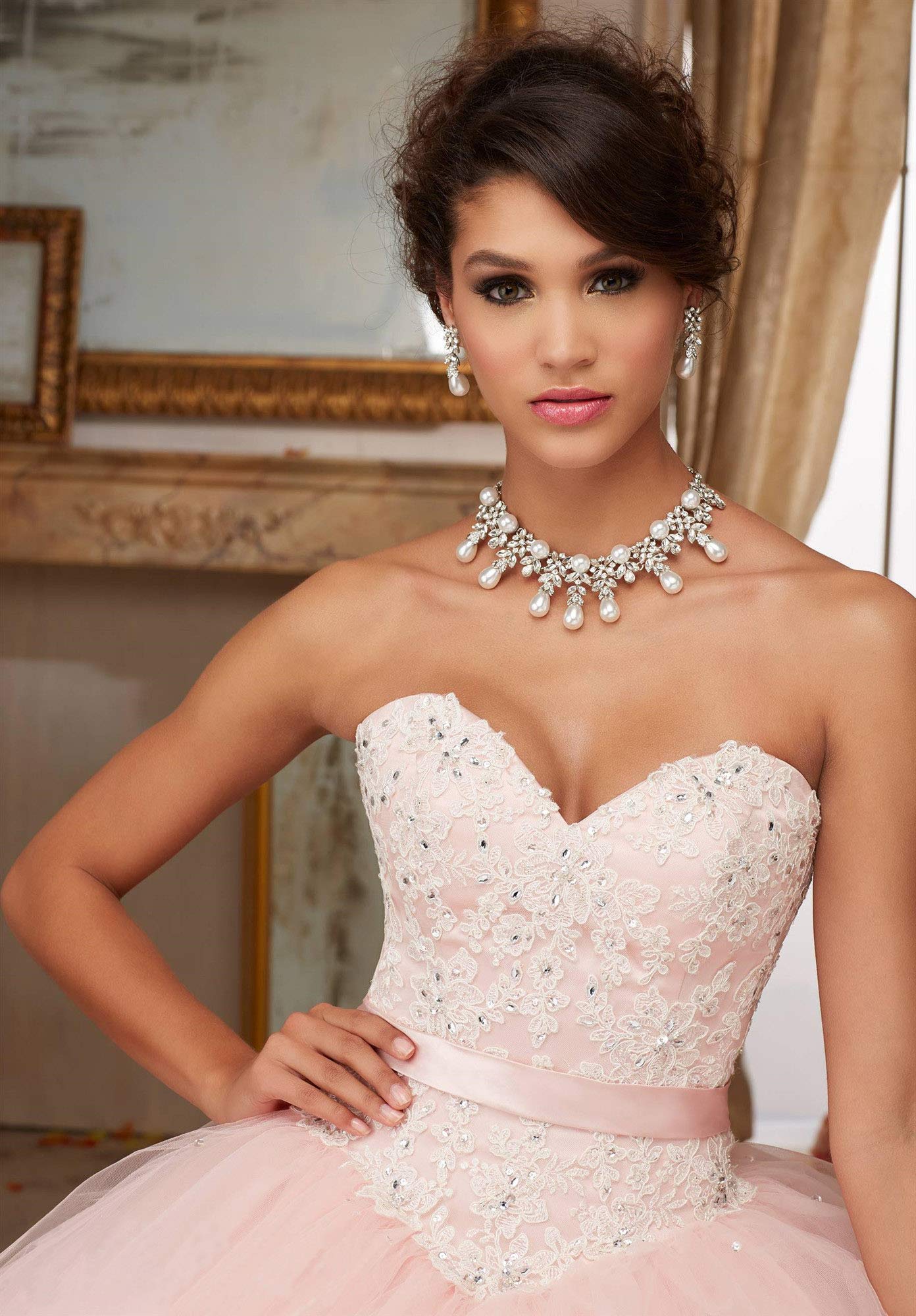 Emmani Women's Sweetheart Lace Applique Quinceanera Prom Dress with Beaded Detail - Sweet 15 Birthday Party Gown in Beige | Perfect for Quinceañeras, Prom Nights, and Formal Celebrations
