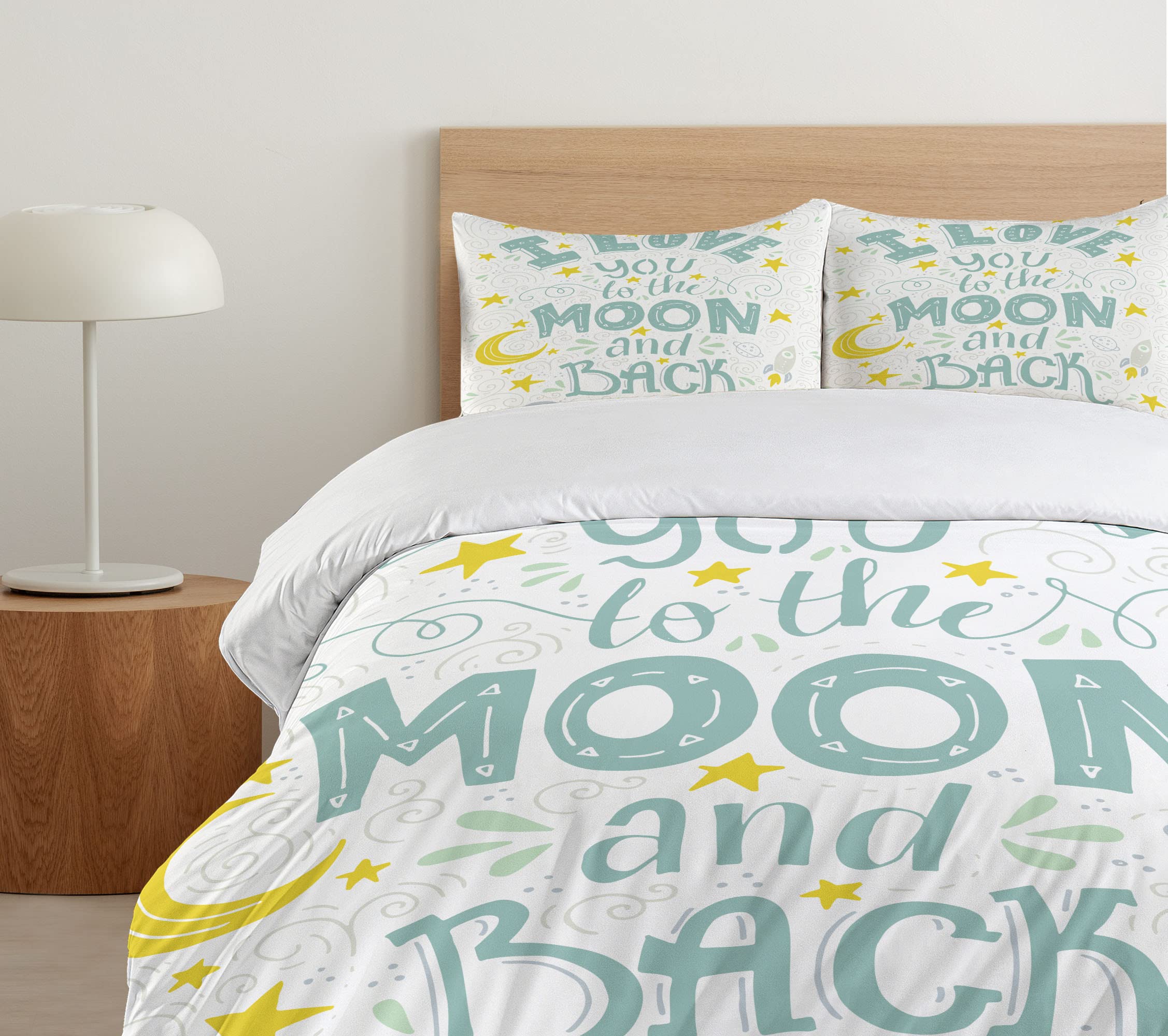 Ambesonne I Love You to The Moon and Back Duvet Cover Set - Crescent Moon, Stars & Galaxy Print 3-Piece Queen Bedding Set with 2 Pillow Shams in White Pale Seafoam | Space-Themed Bedroom Decor for Kids & Teens | Perfect for Nursery, Dorm Room or Gift