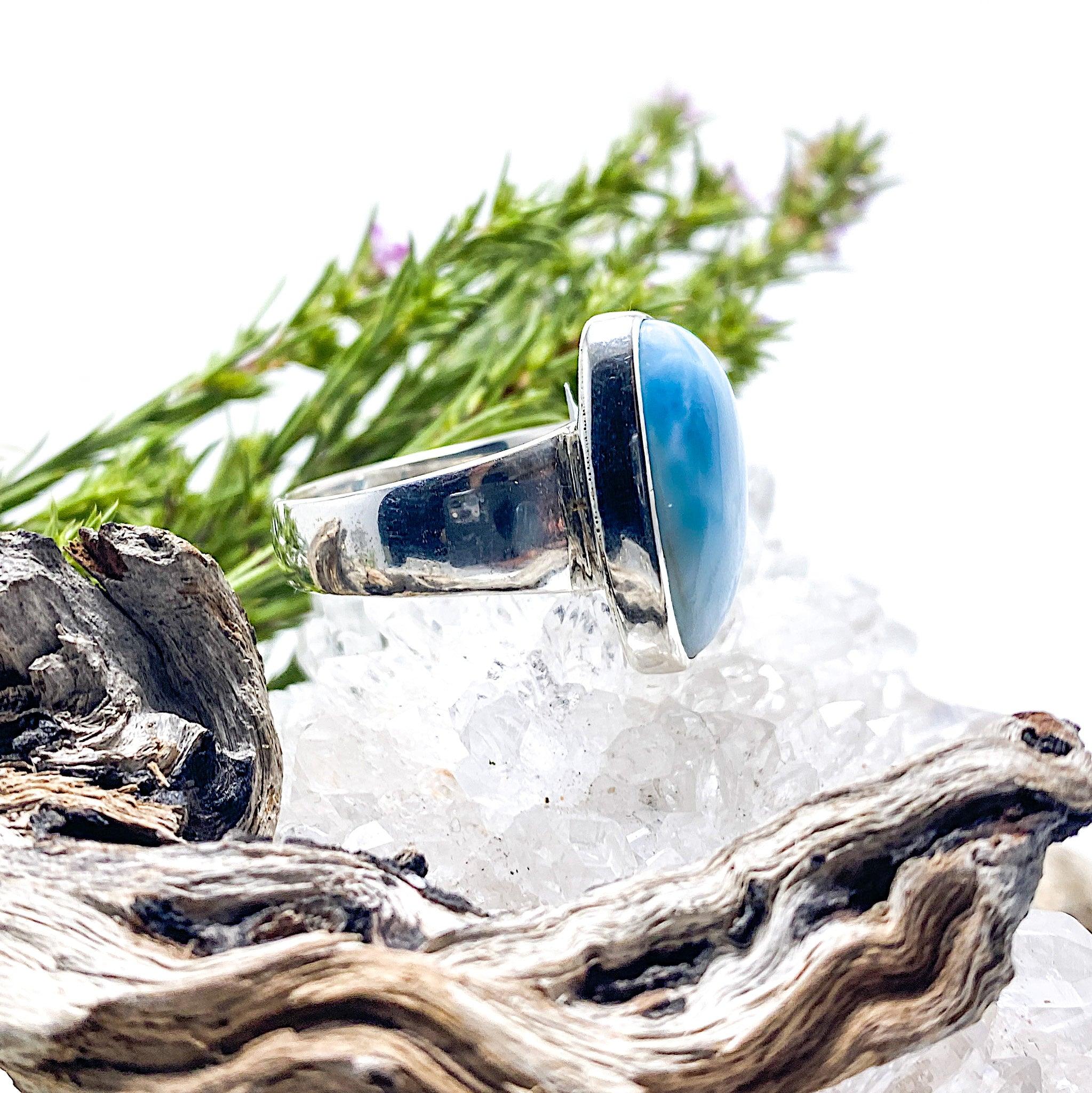 Larimar Sterling Silver Cabochon Ring Size 9 - Handmade Gemstone Jewelry for Women, Perfect for Gifts, Weddings & Everyday Wear KRGJ1396