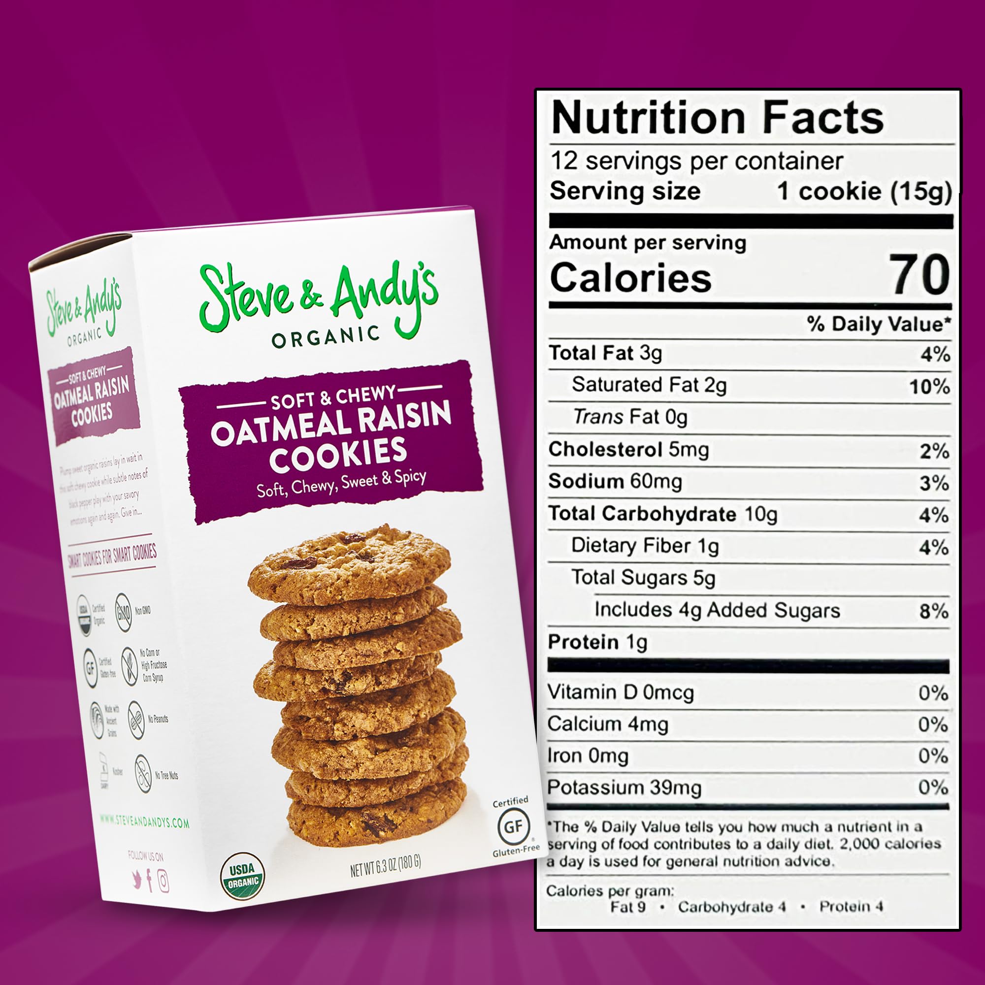 Steve & Andy’s Organic Gluten-Free Soft & Chewy Oatmeal Raisin Cookies - Non-GMO, Ancient Grains, Healthy Snack - 3 Pack (Perfect for Lunchboxes, Office Snacks & Vegan Diets)