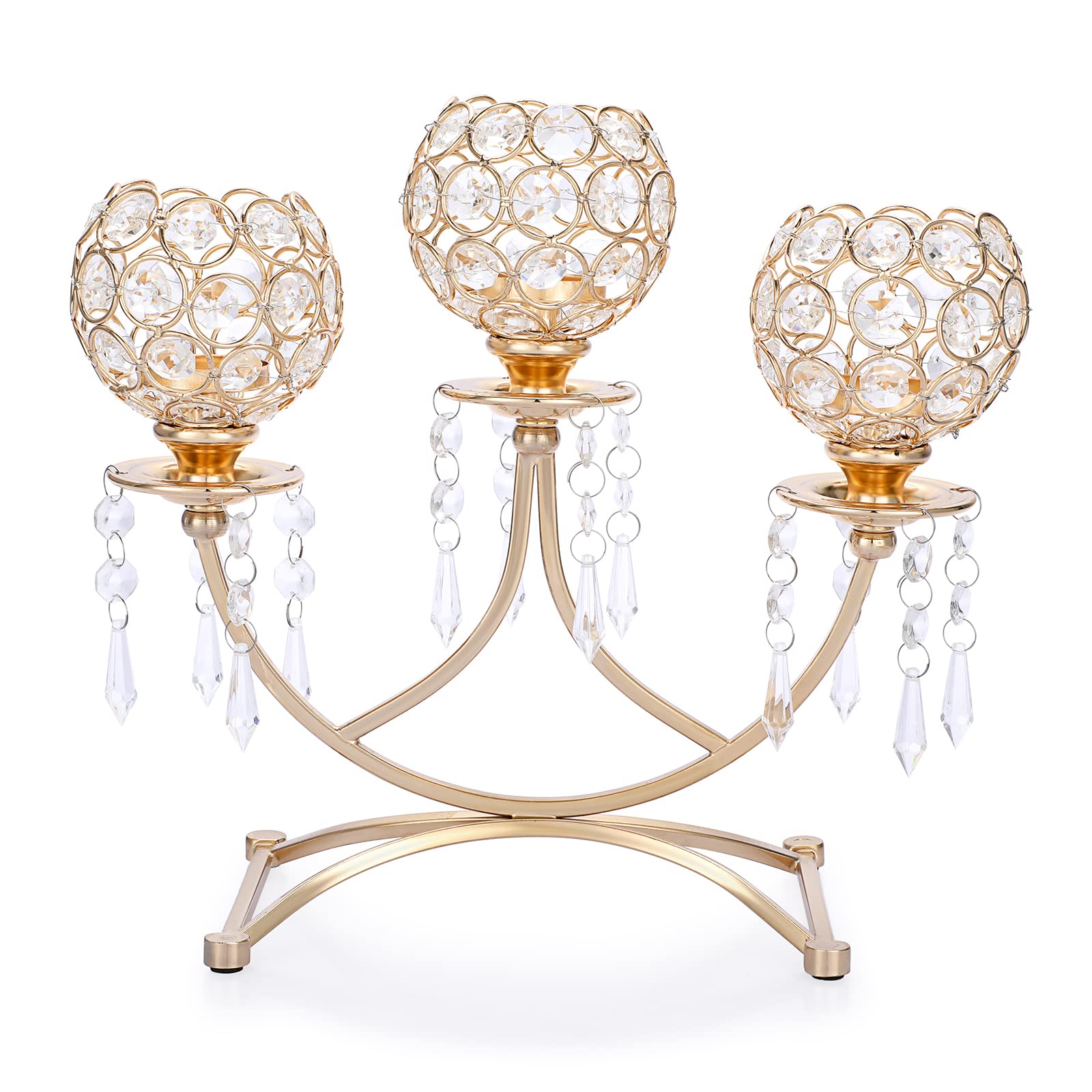 OwnMy 3-Arm Crystal Tealight Candle Holder - Elegant Gold Candelabra Votive Stand for Dining Table, Wedding, Christmas Party & Home Decor | Perfect Centerpiece for Romantic Dinners, Holiday Celebrations & Special Events