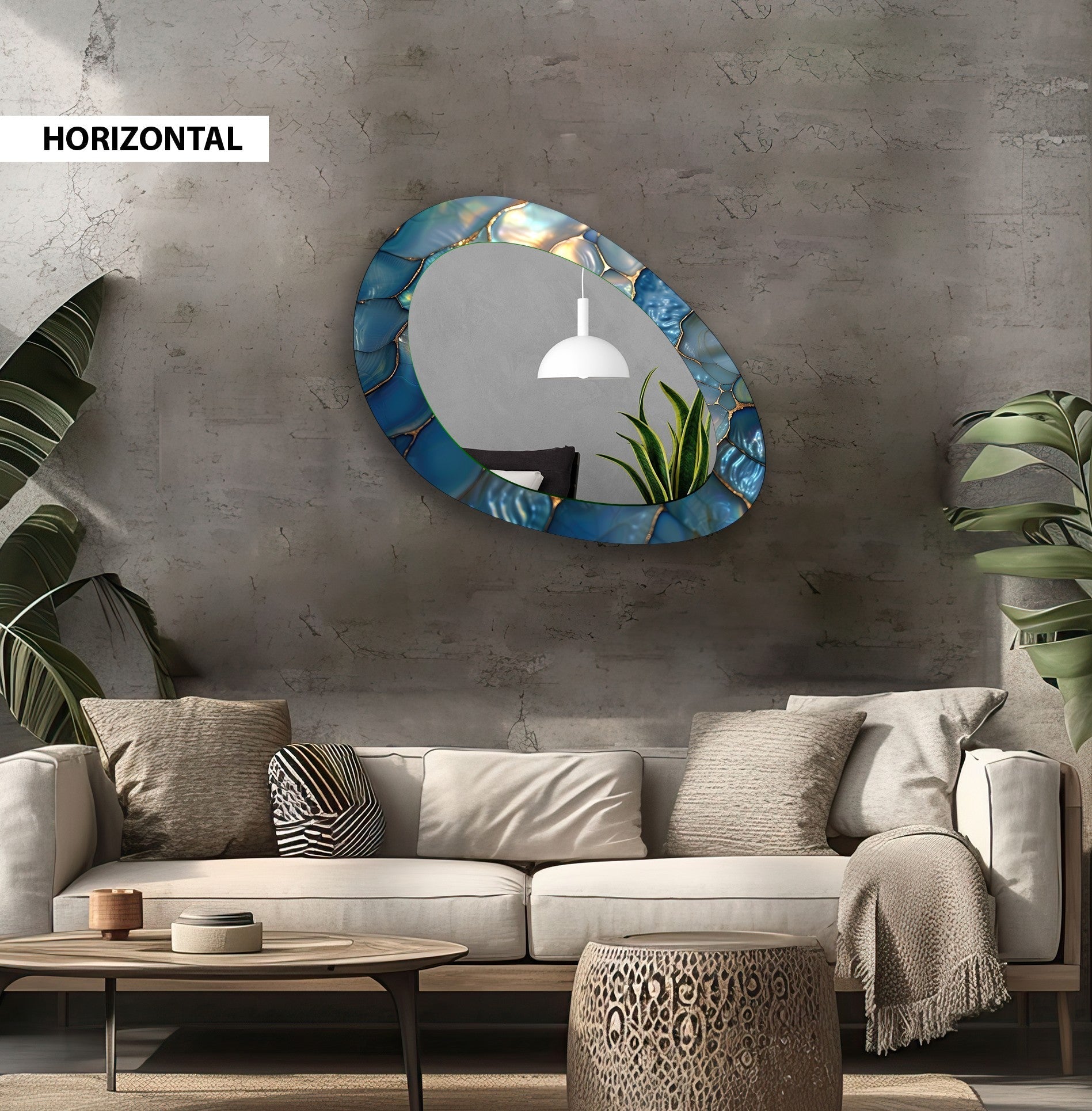 Blue Metallic Abstract Wall Mirror - Modern Decorative Mirror for Living Room, Bedroom & Entryway - Stylish Home Decor & Interior Design Accent