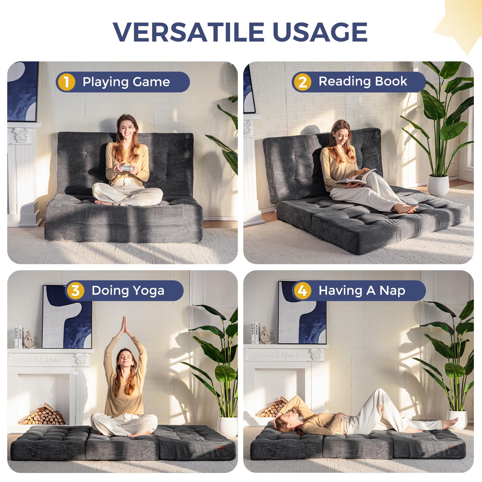 MAXYOYO 6 Inch Tri Fold Mattress - Tufted Full Foam Folding Bed with Durable Corded Fabric in Dark Grey | Perfect for Guest Beds, Camping & Small Spaces