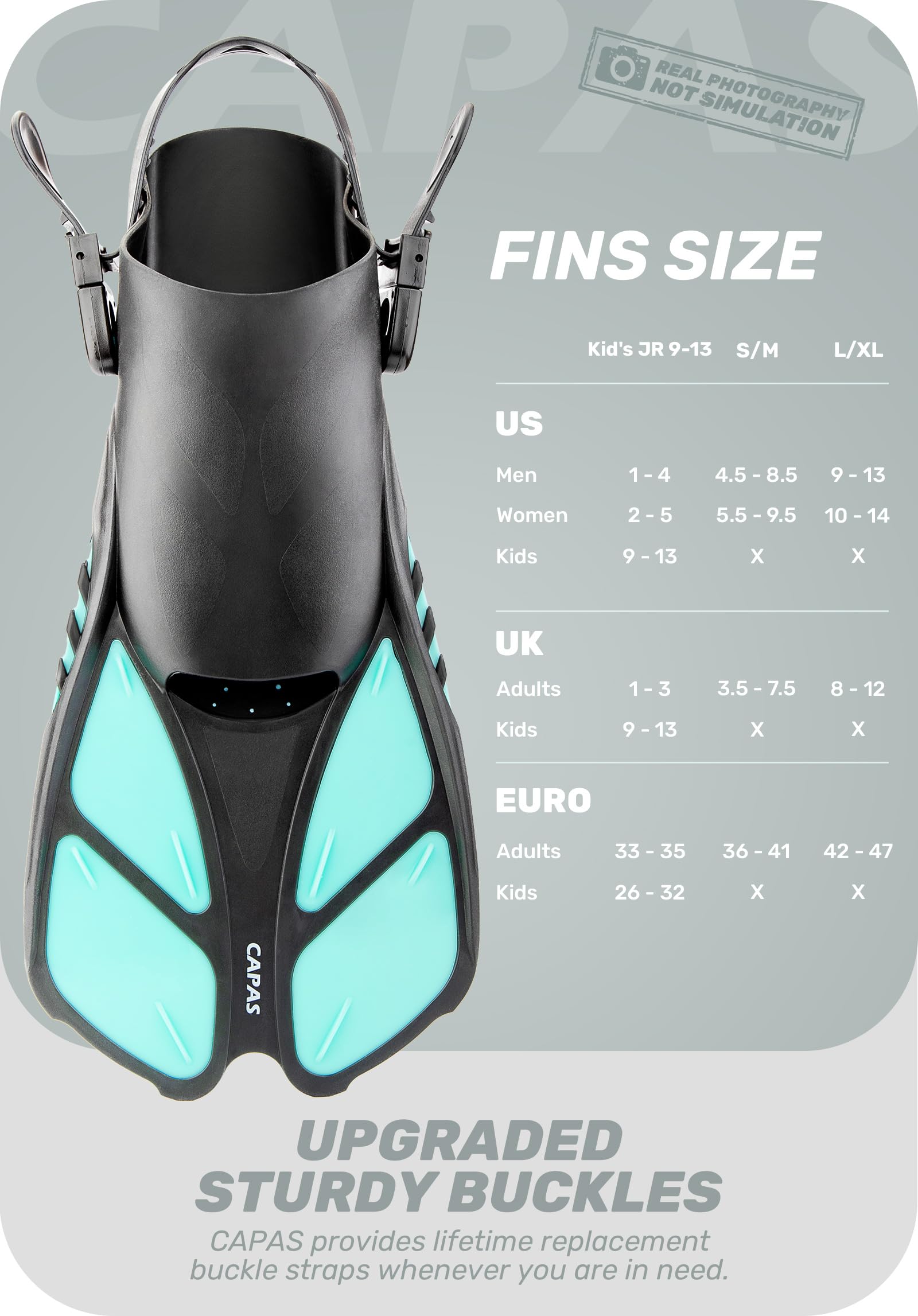 **CAPAS Snorkel Fins - Adjustable Open Heel Swim Fins for Adults, Men, Women & Kids - Travel Size Short Diving Flippers for Snorkeling, Swimming & Beach Vacations**