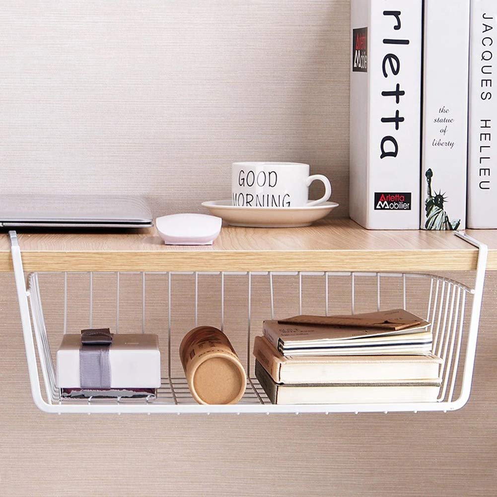 Smity 106 Under Shelf Hanging Wire Storage Basket Organizer - 2 Pack White Multi-Purpose Cabinet Organizer for Kitchen, Bathroom, Wardrobe | Perfect for Utensils, Pantry Items, Books & Office Supplies - Space Saving Solution for Small Homes & Apartments