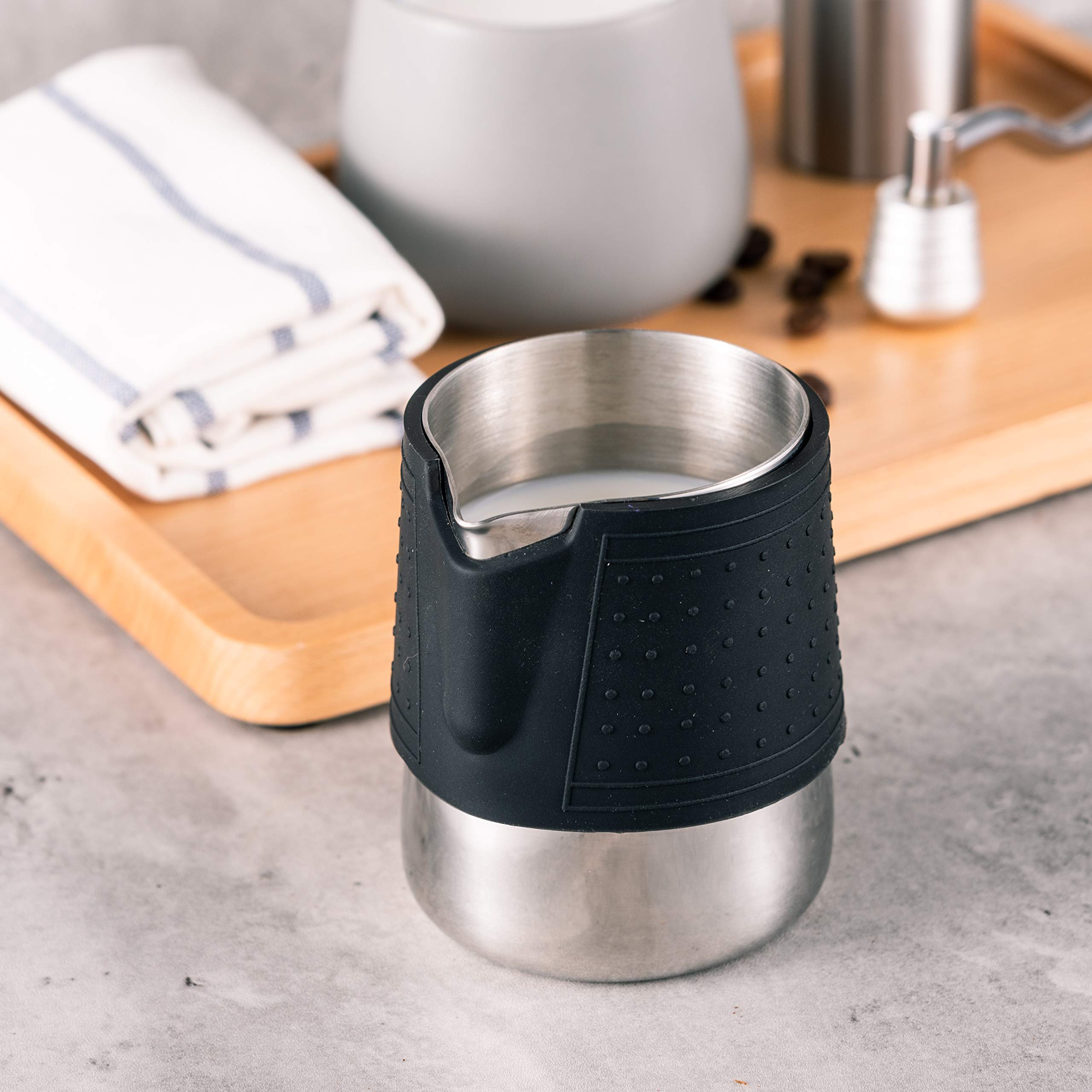 Premium 12oz (350ml) Stainless Steel Milk Frothing Pitcher for Latte Art - Barista-Grade Coffee Frother Jug with Heat-Resistant Silicone Grip for Perfect Cappuccino & Latte - Ideal for Home Baristas & Coffee Shops