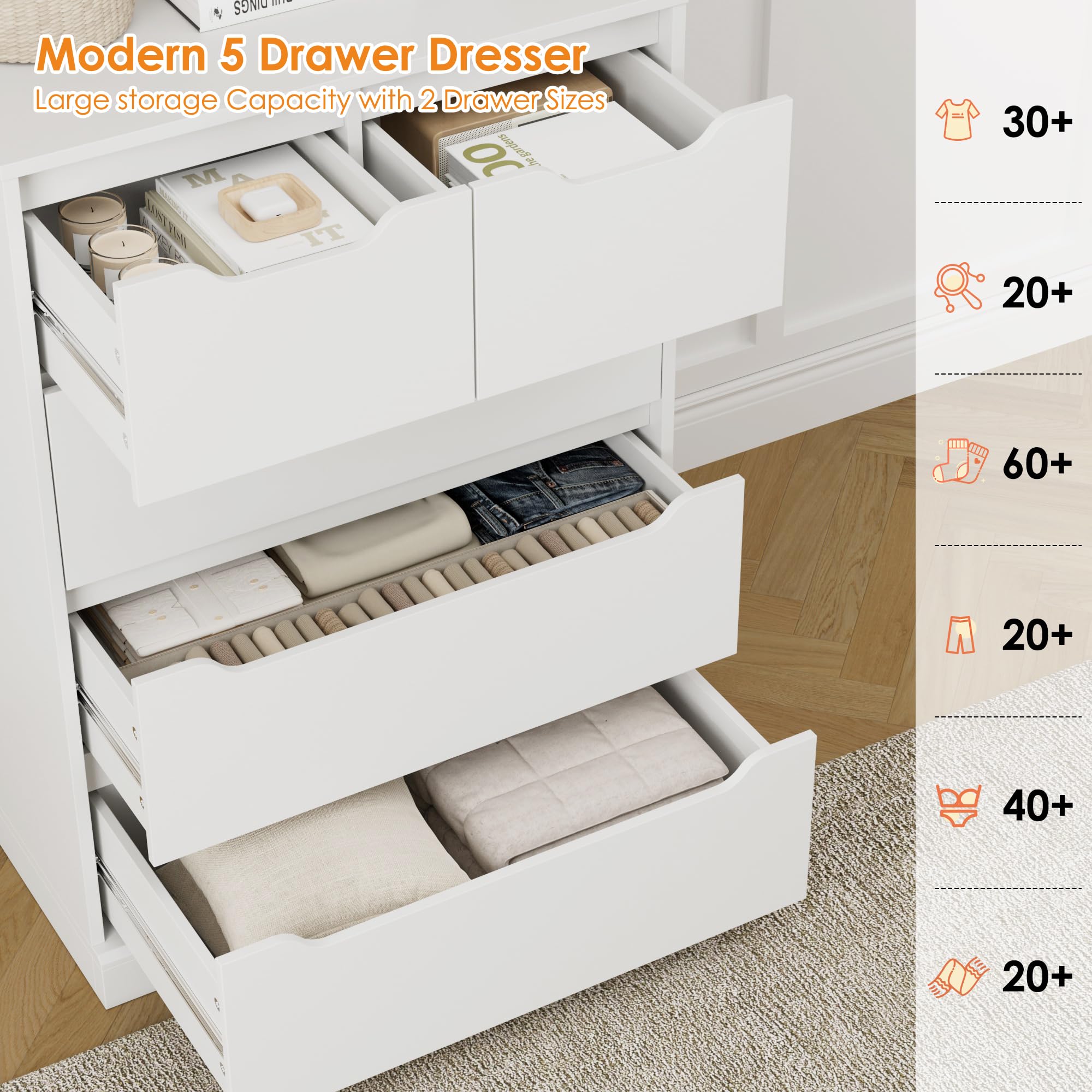 Modern 5-Drawer Dresser for Bedroom & Living Room - White Wood Storage Chest with Cut-Out Handles - Space-Saving Organizer for Clothes, Toys & Home Essentials - Perfect for Bedroom, Entryway, Hallway or Nursery Organization