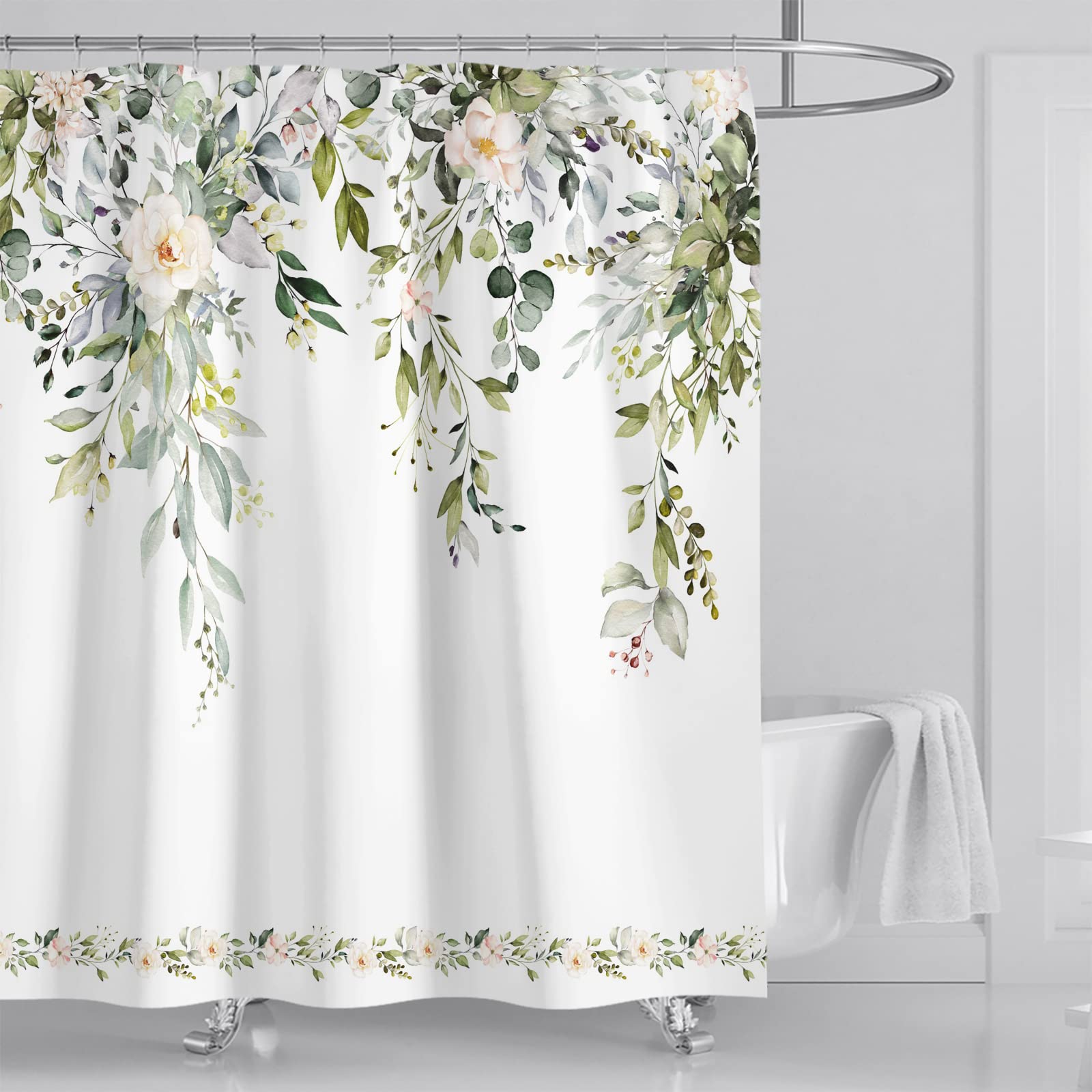 AUSOMGOO Floral Shower Curtain 72x72 Inches - Waterproof Polyester Fabric Bathroom Curtain with Hooks, Botanical Green Leaves Design for Bathtub & Shower - Perfect for Modern, Farmhouse, and Spa-Style Bathrooms