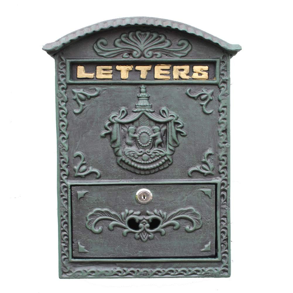 Vintage Cast Iron Wall Mount Mailbox with Lock - Dark Green Wrought Iron Post Box, Anthracite Retro Outdoor Rainproof Letter Box for Newspaper & Mail - Perfect for Home, Garden, and Porch Decor