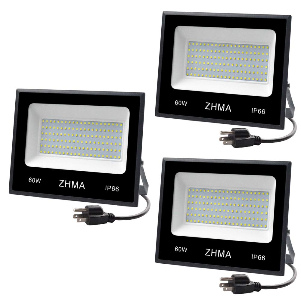 3 Pack 60W LED Flood Lights with Plug (Warm White) - 6000lm Super Bright Outdoor Security Lighting, IP66 Waterproof Landscape Floodlight for Backyard, Garden, Playground, Patio & Driveway - Perfect for Home Security, Landscape Illumination & Commercial Use