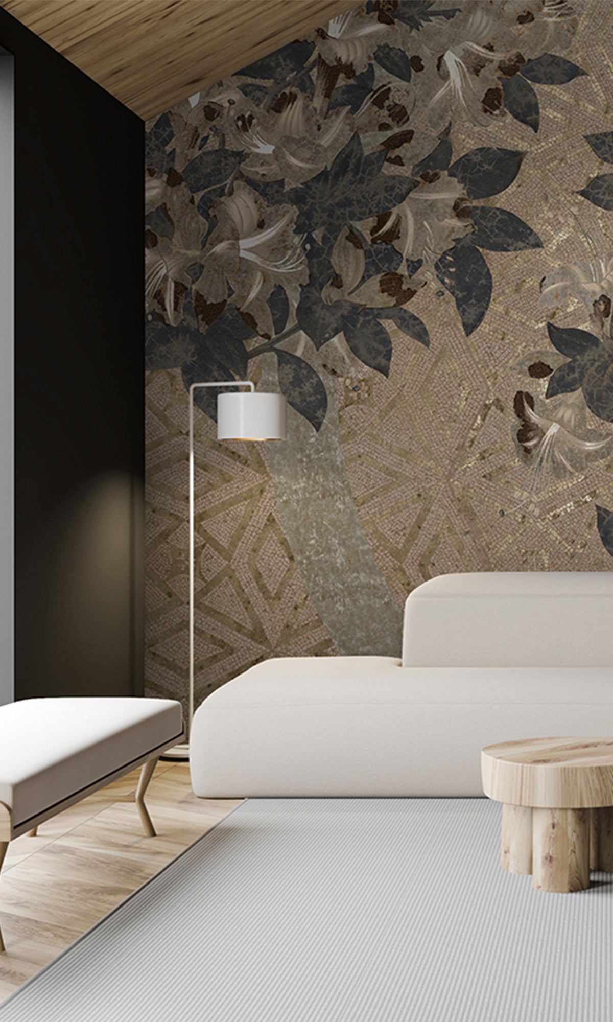 Ecru Geometric Floral Mosaic Mural Wallpaper M2576 - Peel and Stick Removable Wallpaper for Bedroom, Living Room, Nursery, Office Decor