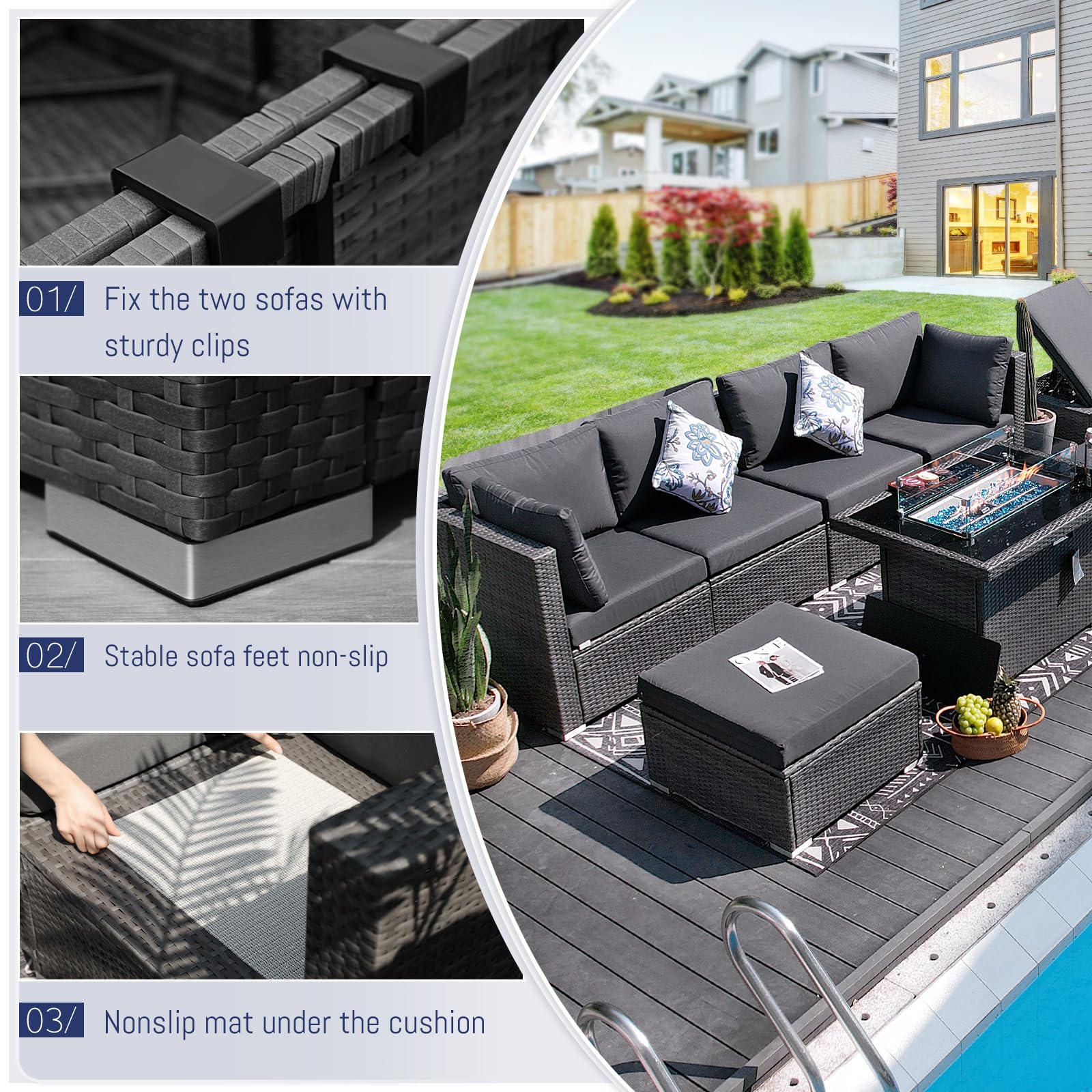 BULEXYARD 5-Piece Grey Rattan Patio Furniture Set with Gas Fire Pit Table - High Back Deep Seat Outdoor Sectional Sofa & Wicker Conversation Set for Backyard, Poolside & Garden (Grey/Dark Grey)