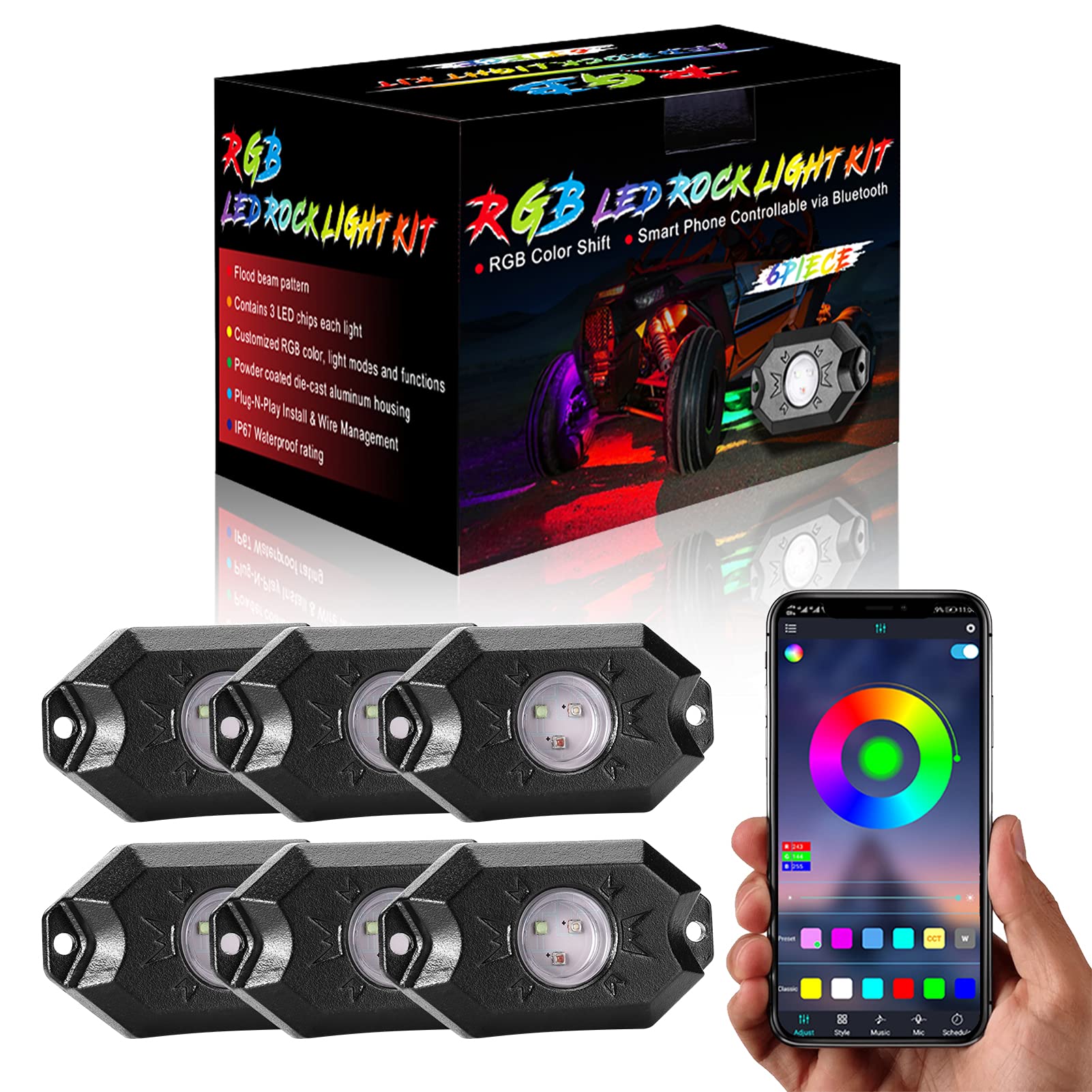 YCHOW-TECH RGB LED Rock Lights Kit - 6 Pods Wireless IP68 Waterproof Multicolor Underglow Neon Lights with Bluetooth App Control | Music Sync & Flashing Modes for Trucks, ATVs, UTVs, RZRs, SUVs | Off-Road, Car Shows & Night Driving Enhancement