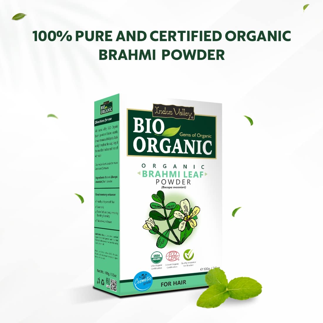 INDUS VALLEY 100% Organic Brahmi Powder | Bacopa Monnieri for Hair Growth & Scalp Care - Natural Ayurvedic Hair Treatment (100g) | Promotes Healthy Hair, Reduces Dandruff & Stimulates Follicles - Perfect for DIY Hair Masks & Ayurvedic Hair Care Routines