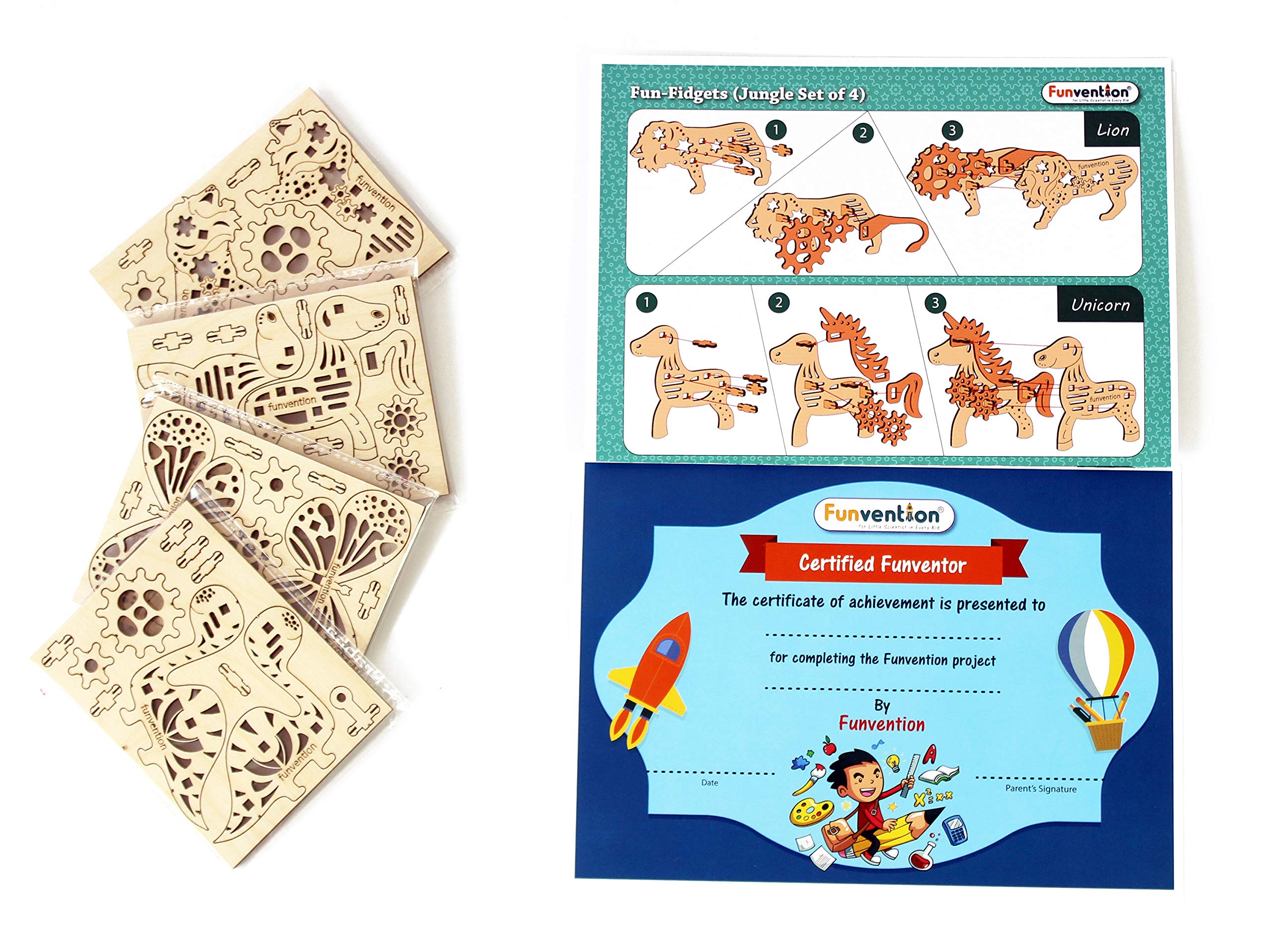 Funvention STEM Learning 3D Puzzle Kit - DIY Miniature Mechanical Lion, Unicorn, Dinosaur & Butterfly Models for Kids | Educational Wooden Fidget Toys | Science Experiment & Engineering Project for Children | Perfect for Classroom Activities, Birthday Gifts & Creative Play