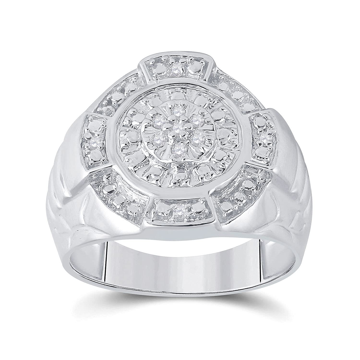 Sterling Silver Men's Round Diamond Cluster Ring - 1/10 CTTW Genuine Diamonds, Hypoallergenic Wedding Band, Anniversary Gift for Him, Perfect for Engagements & Special Occasions