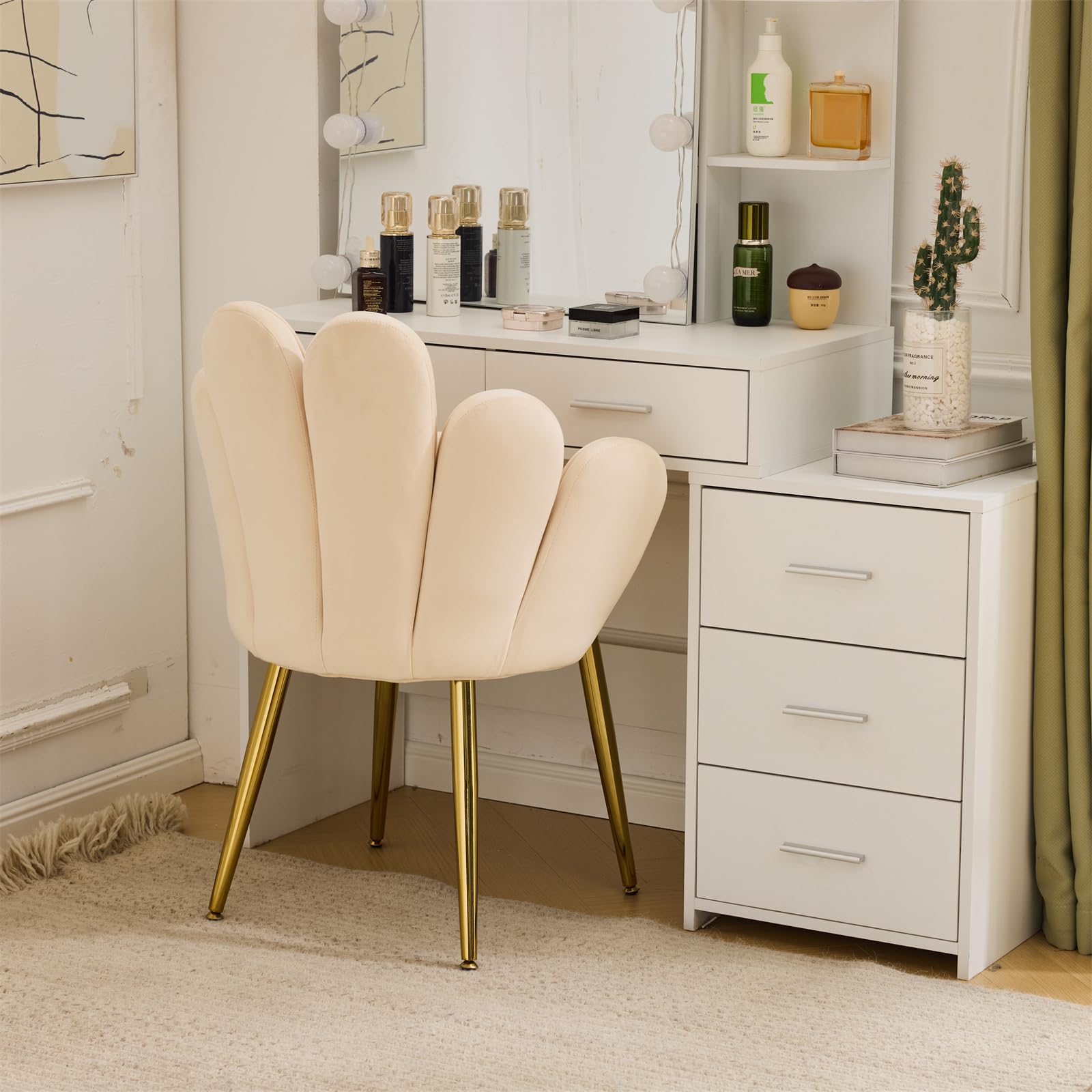 VINGLI Velvet Petal Makeup Vanity Chair with Back - Cute Flower Design Desk Chair, Adjustable Gold Legs & Bow Pillow - No Wheels Comfy Seating for Home Office, Bedroom, Dressing Room - Modern Accent Chair in Beige