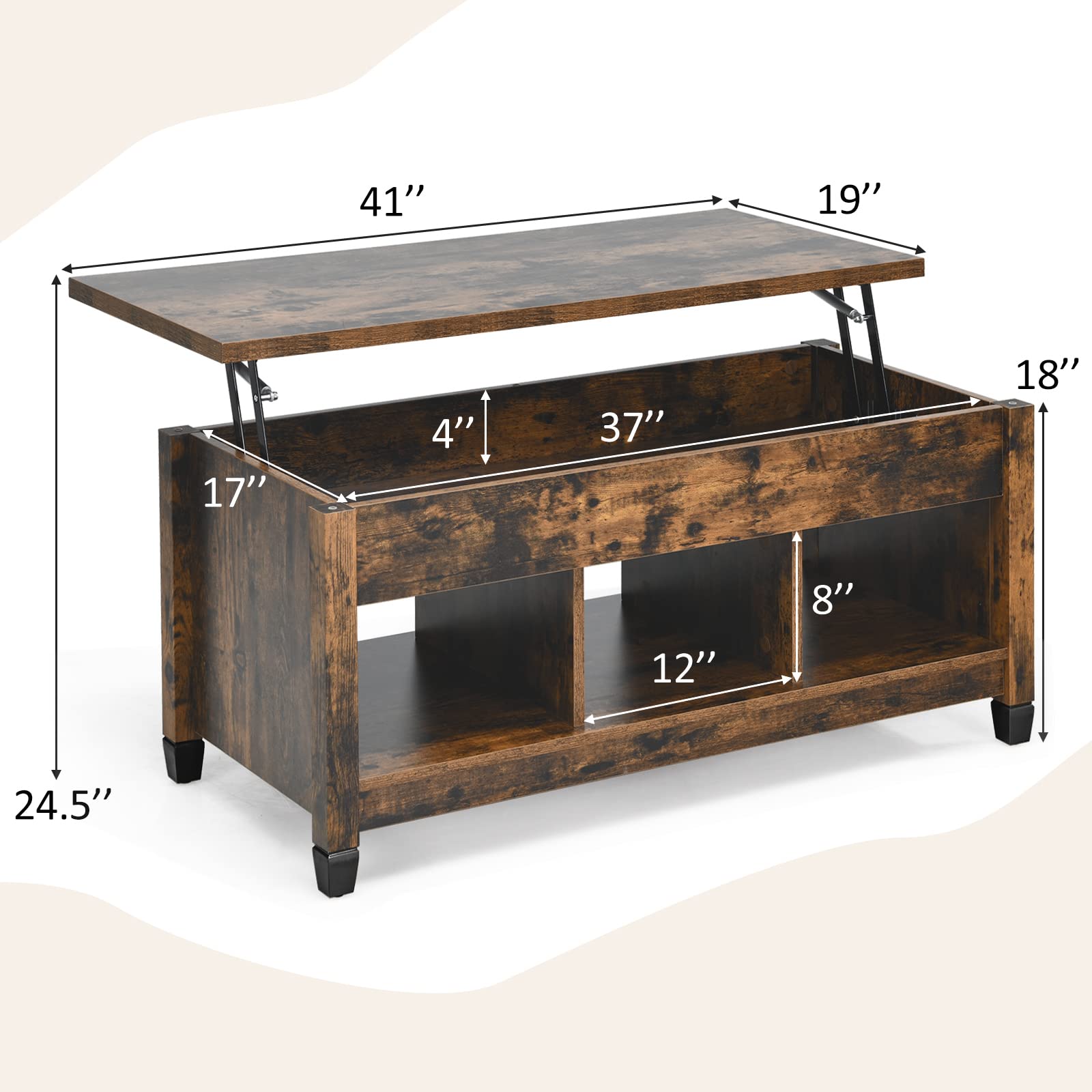 KOTEK Lift Top Coffee Table with Hidden Storage & Open Shelves - Modern Lift-Top Accent Table for Living Room, Reception Area - Rustic Brown Finish - Perfect for Small Spaces, Home Office & Apartment Decor