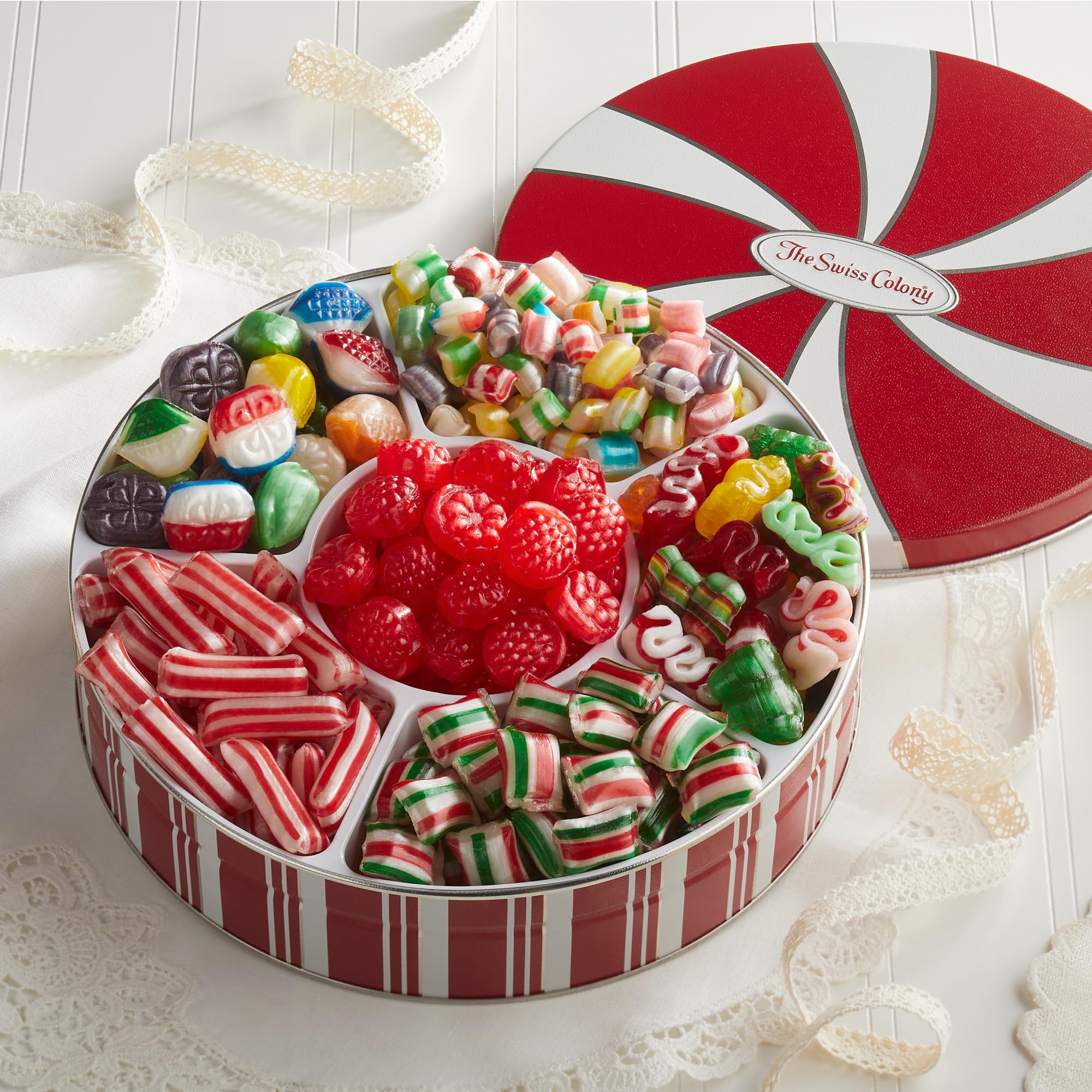 Swiss Colony Traditional Candy Tin - 1 lb. 14 oz. Old Fashioned Hard Candy Mix with Ribbon Candy & Candy Pillows | Holiday Gift Box for Christmas, Birthday & Special Occasions | Perfect for Office Treats, Party Favors & Home Decor