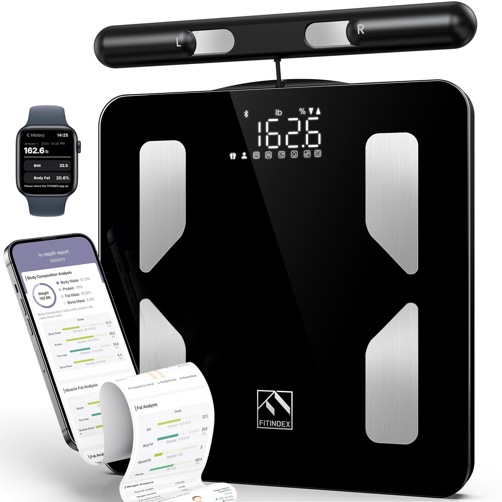 FITINDEX Smart Body Composition Scale - 8 Electrode Digital Bathroom Scale for Weight, BMI, Body Fat, Muscle Mass & 50+ Body Metrics - FSA/HSA Eligible - 400lb Capacity - Perfect for Home Gym, Weight Loss Tracking & Health Monitoring