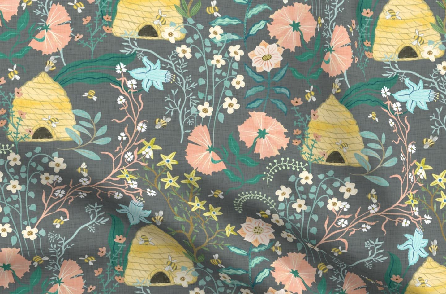 Bee Team Garden Pink Flowers Vines Floral Printed Satin Fabric - Spring Pastel Fat Quarter for Sewing, Apparel, Lining, Fashion, Blankets & Home Decor | DIY Crafts, Quilting, Dressmaking & Upholstery
