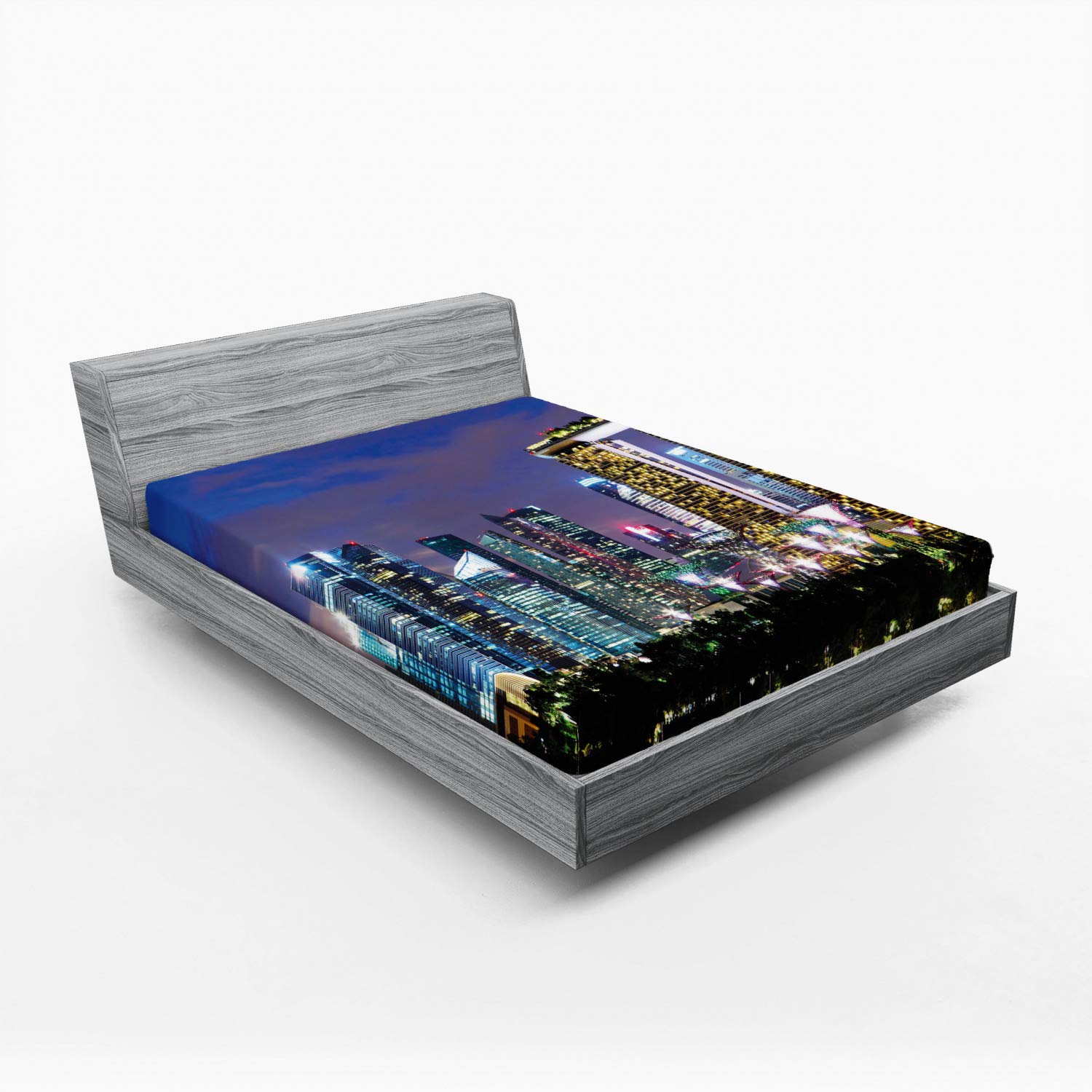 Ambesonne Full Size Fitted Sheet - Singapore Cityscape Night View Modern Architecture Urban Design - Deep Pocket Elastic Bed Cover for Mattress - Perfect for Guest Rooms, Vacation Homes & Dormitory Use