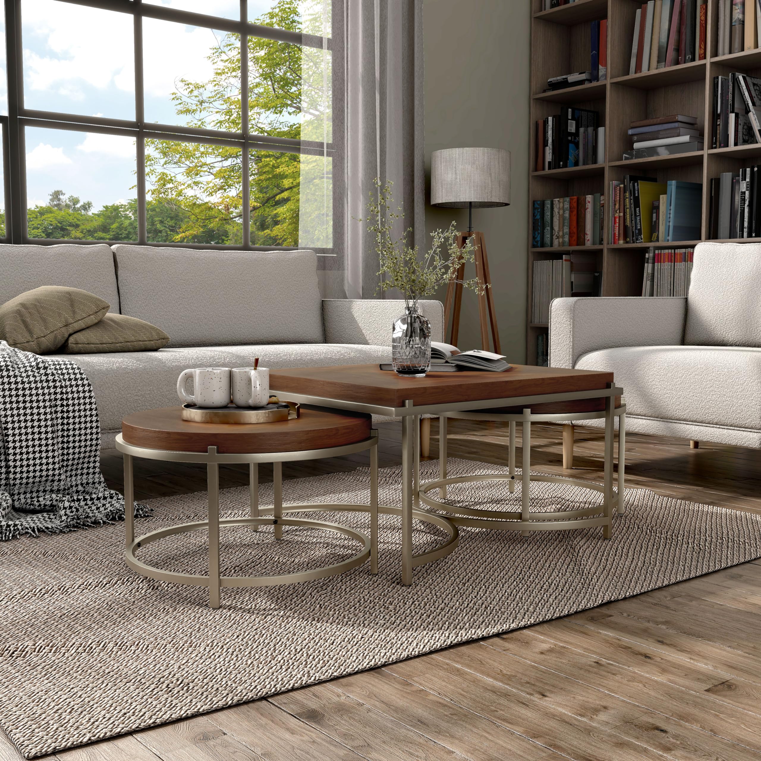 Orion Modern 3-Piece Nesting Coffee Table Set with Sturdy Golden Metal Base - Light Walnut Finish for Living Room, Office, Lounge & Bedroom | Space-Saving Design for Small Apartments & Home Decor