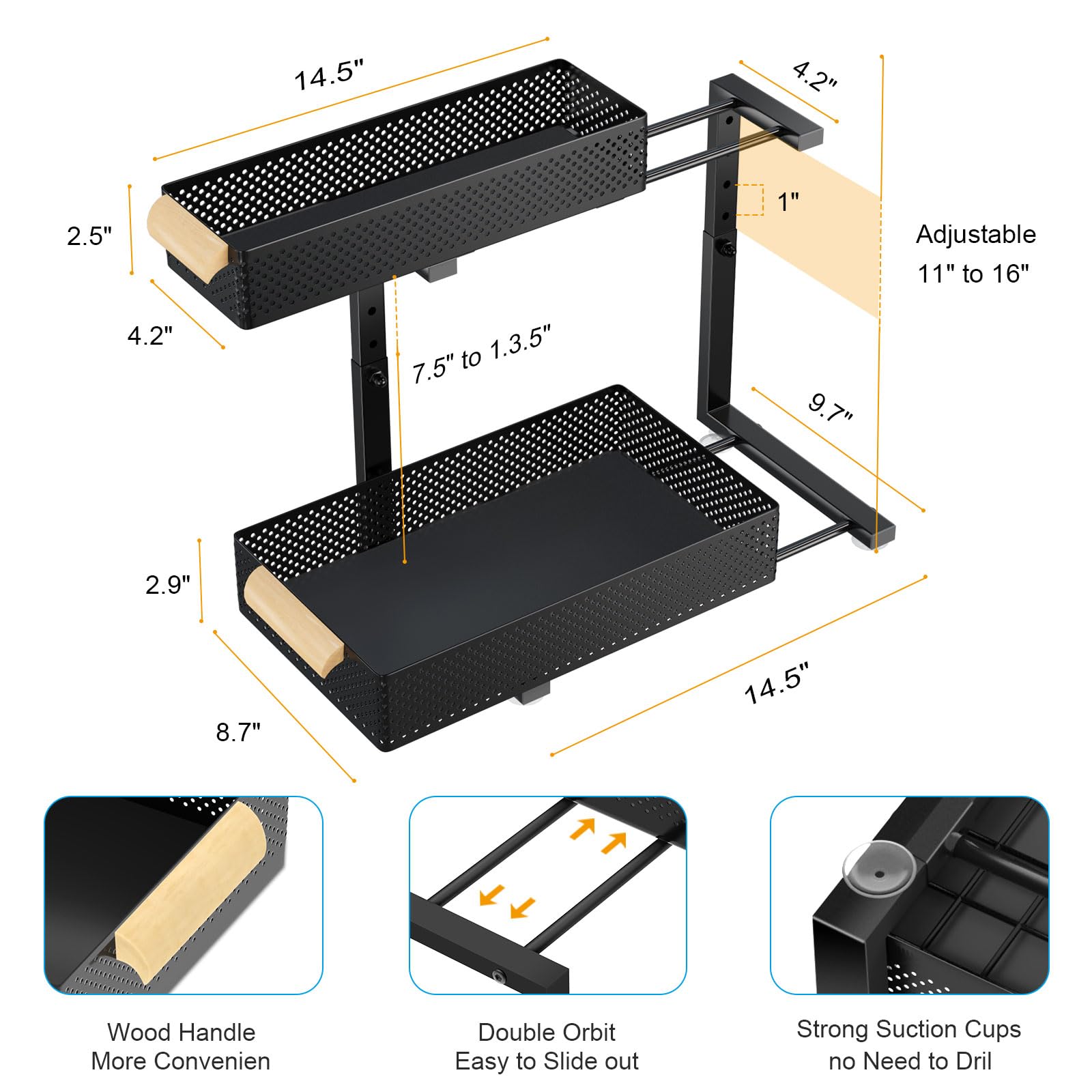 2-Pack Under Sink Organizers - 5 Height Adjustable Kitchen Cabinet Storage with 2-Tier Pull-Out Drawer Shelves | Durable Metal Slide Tray Organizer for Kitchen & Bathroom | Perfect for Maximizing Cabinet Space & Organizing Cleaning Supplies