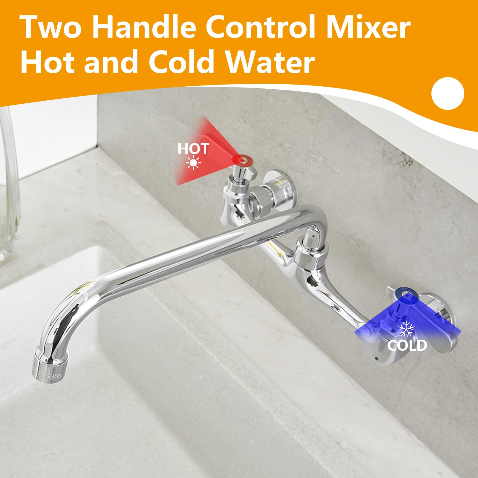 8 Inch Wall Mount Commercial Kitchen Sink Faucet - Double Handle Bar Laundry Utility Faucet with Swivel Spout, Chrome Mixer Tap for Restaurants, Bars & Home Kitchens