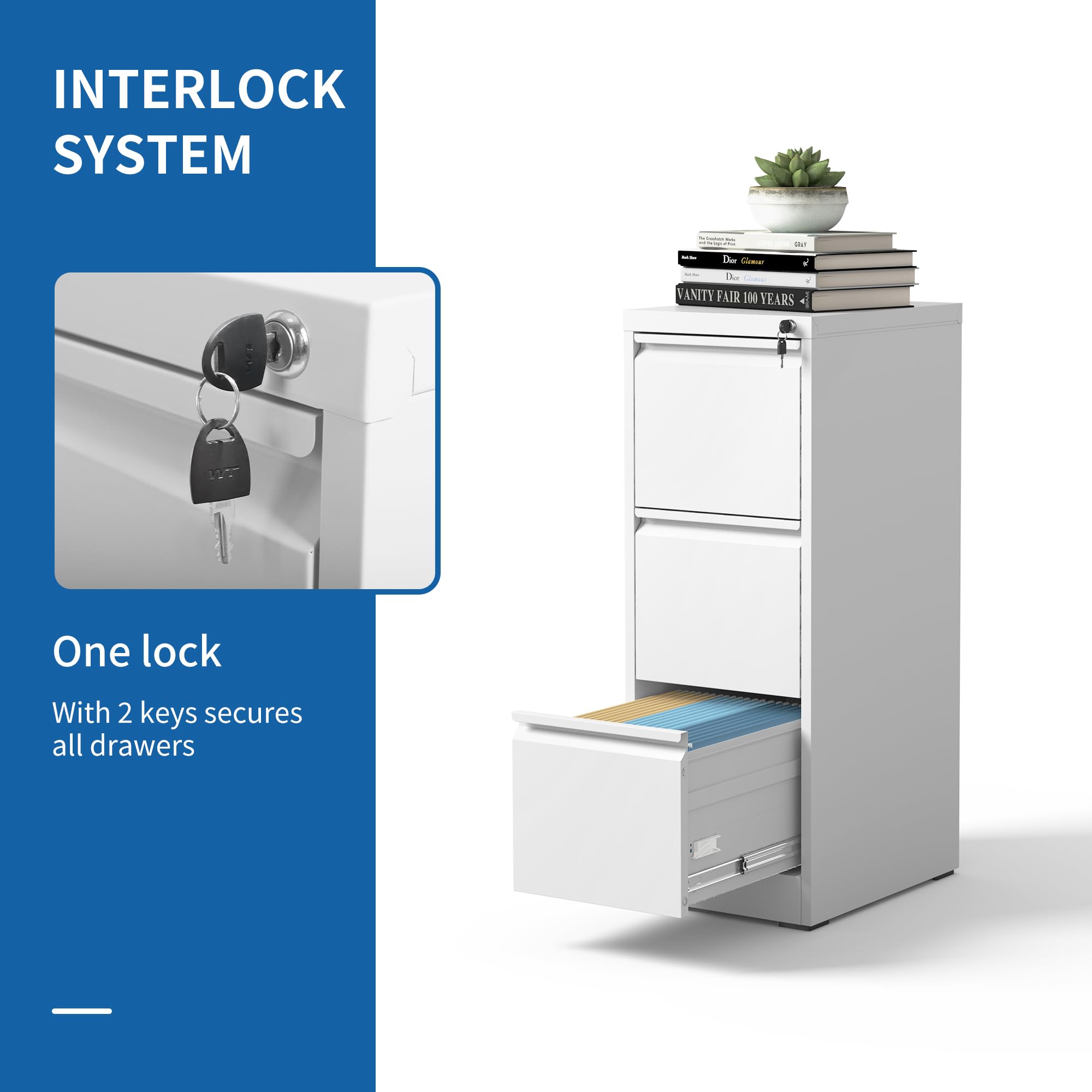 3-Drawer Vertical File Cabinet with Lock - White Hanging File Organizer for A4, Legal & Letter Size Documents - Perfect for Home Office & Workspace Storage