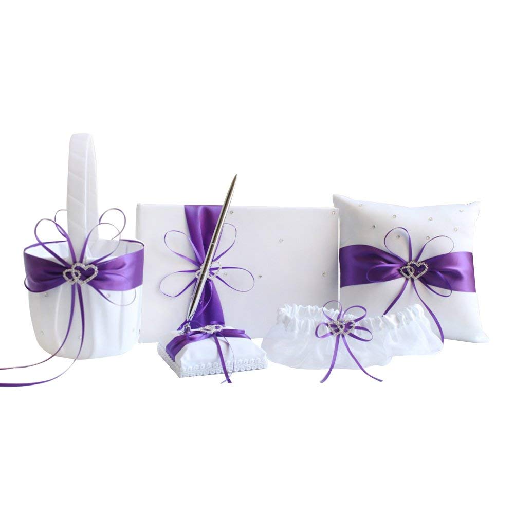 5-Piece Black Wedding Accessories Set - Wedding Guest & Ceremony Supplies, Party Favors, Flower Girl Basket, Guest Book Pen, Ring Pillow & Garter - Perfect for Wedding Ceremonies, Receptions & Bridal Showers