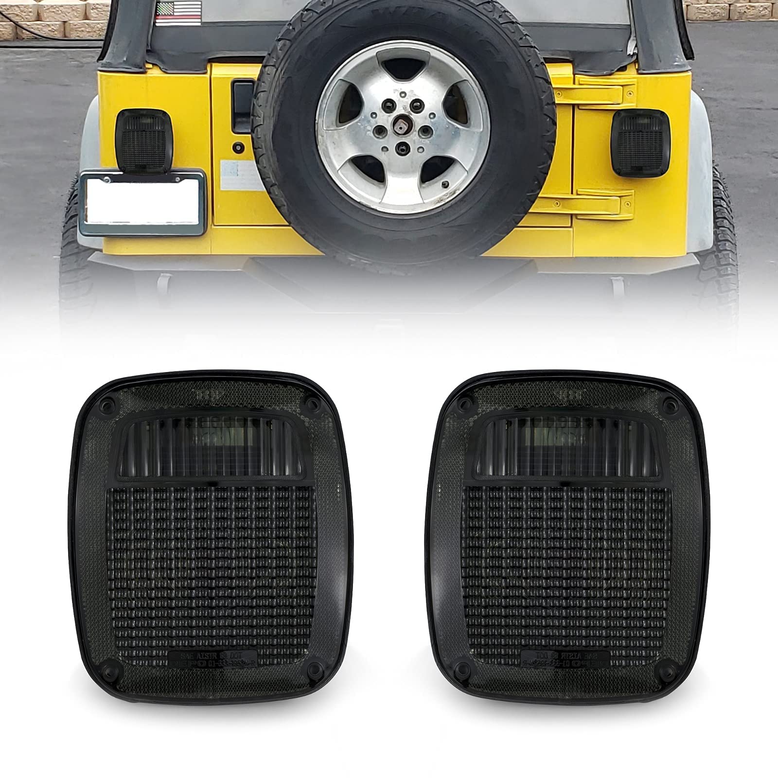 USR DEPO 97-06 Jeep Wrangler TJ Tail Lights with White LED Side Marker Lights - Smoked Lens 6-Piece Plug & Play Combo Set - Fits 1997-2006 Wrangler TJ Models - Perfect for Off-Roading & Night Driving