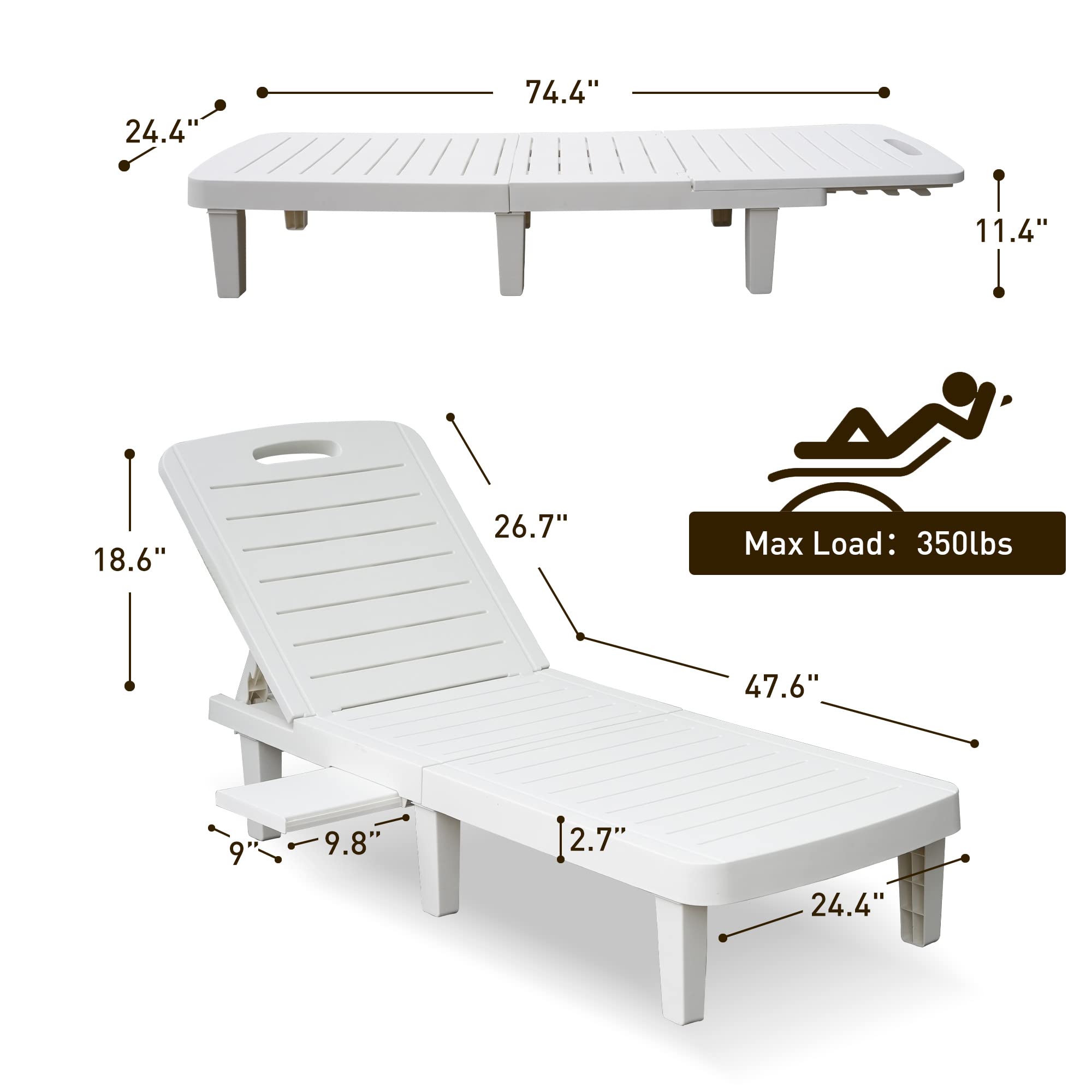 Premium White Patio Lounge Chairs - Adjustable Backrest Outdoor Chaise Lounge with Detachable Tray | Waterproof & Lightweight Plastic Poolside Chair for Beach, Garden, Backyard | Perfect for Sunbathing, Relaxing by the Pool or Coastal Getaways