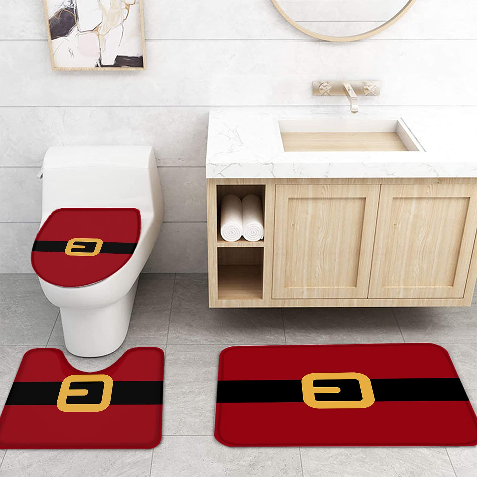 4PCS Non-Slip Bathroom Mat Set - Yellow & Black Santa Belt Christmas Decor with Shower Curtain & Toilet Cover | Holiday Bath Mats for Festive Home Decor, Perfect for Christmas Bathroom Safety and Cozy Winter Atmosphere