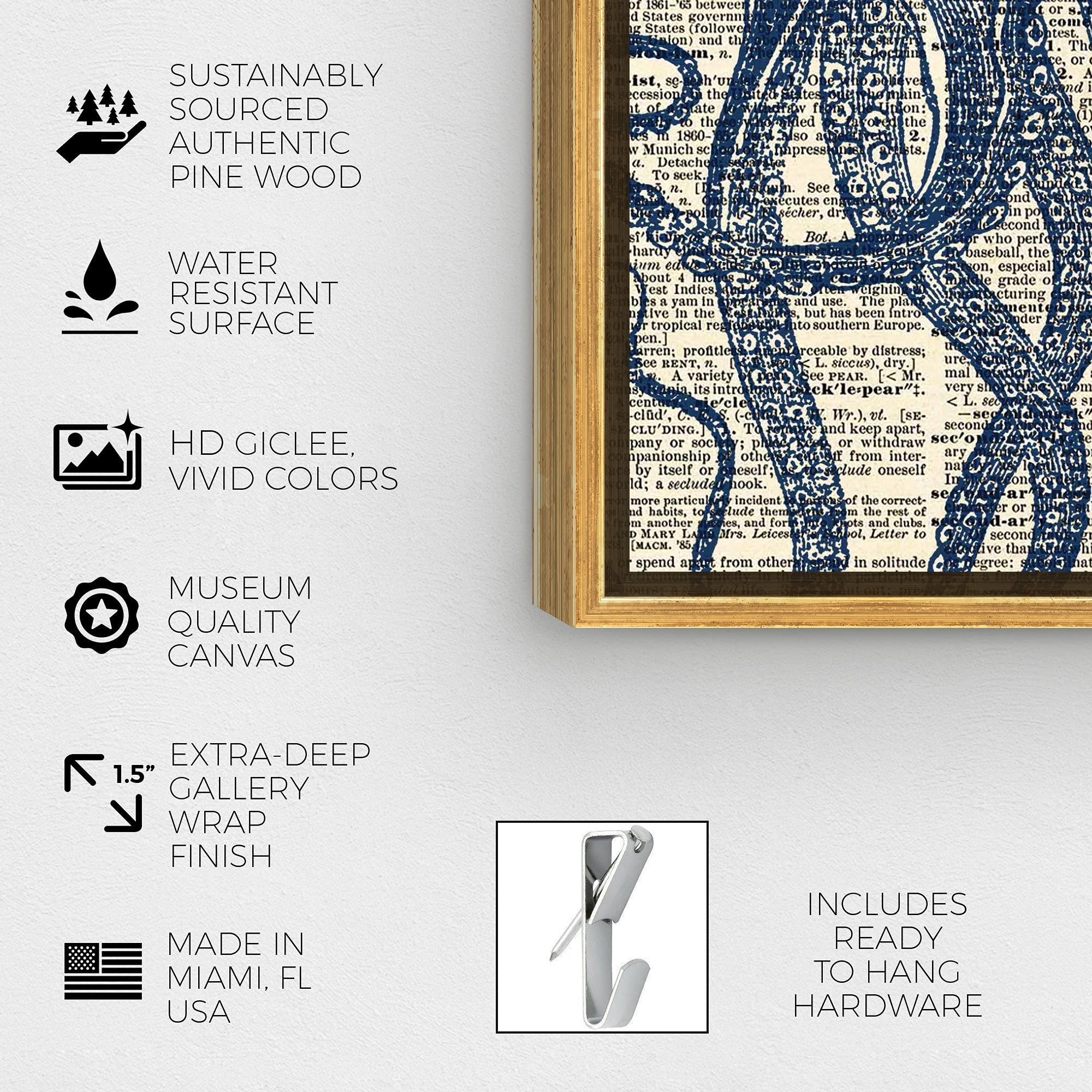 Oliver Gal Artist Co. Nautical Wall Art - 24x30 Inch Framed Canvas Print with Gold Floater - Coastal Decor, Marine Life & Octopus Dictionary Art - Perfect for Beach House, Living Room & Office Decor