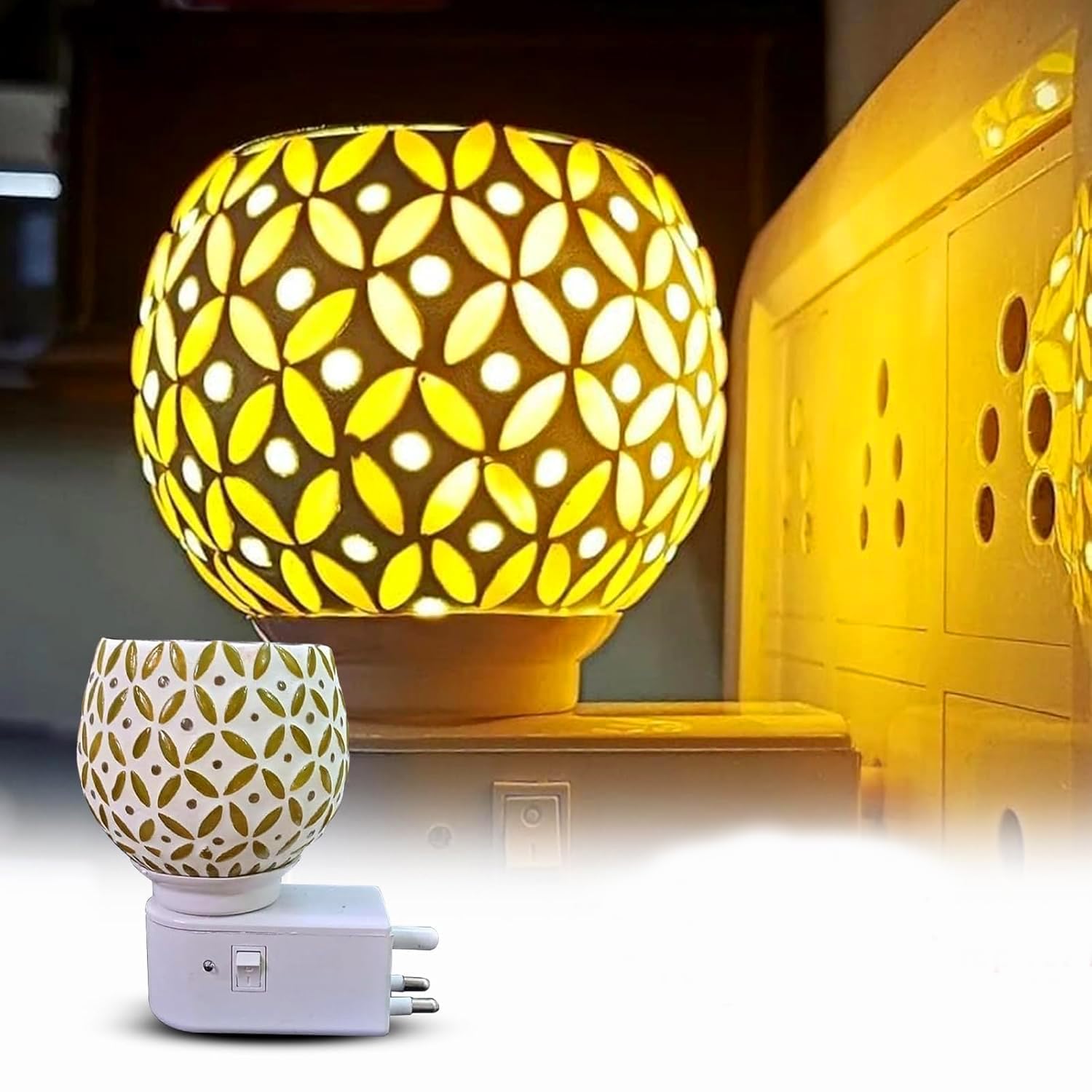 Ramit Air Karpure Camphor Electric Diffuser - Ceramic Kapoor Dani with On/Off Switch & Night Light | Smoke-Free, Child-Safe, Shock-Proof Aroma Diffuser for Home, Office, Yoga & Meditation (Yellow)