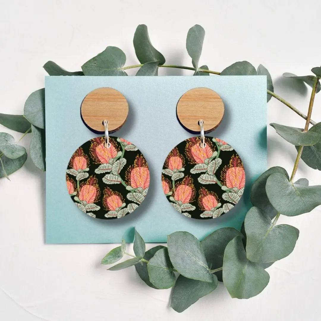 Handmade Coral Banksia Flower Wooden Earrings for Women - Boho Chic Dangle Earrings - Lightweight & Hypoallergenic - Perfect for Festivals, Weddings & Everyday Wear