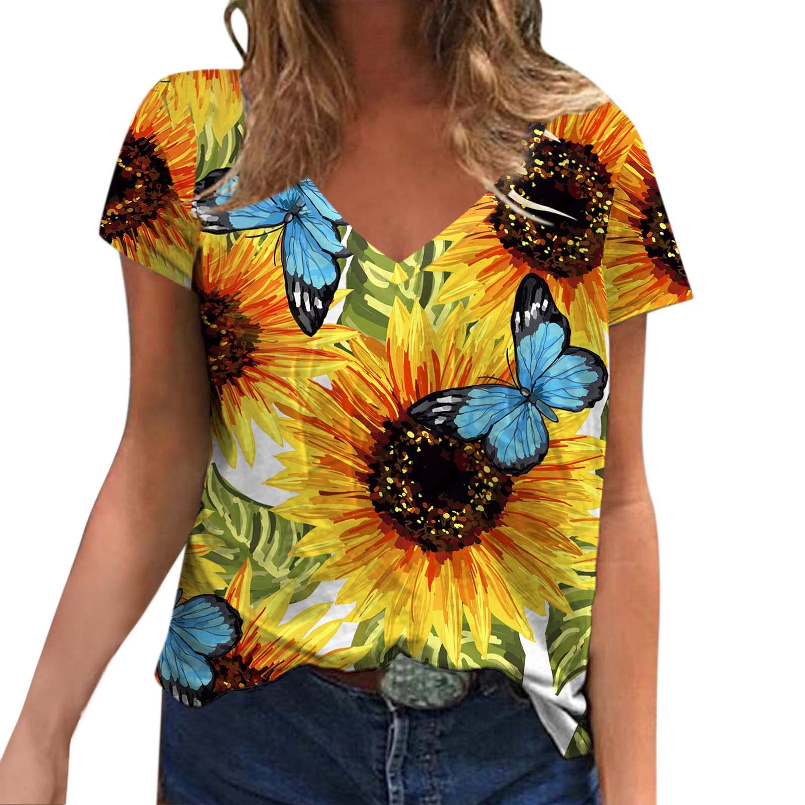 Women's Casual V-Neck Floral Print T-Shirt - Summer Short Sleeve Loose Fit Sunflower Top | Perfect for Beach Outings, Picnics & Everyday Wear