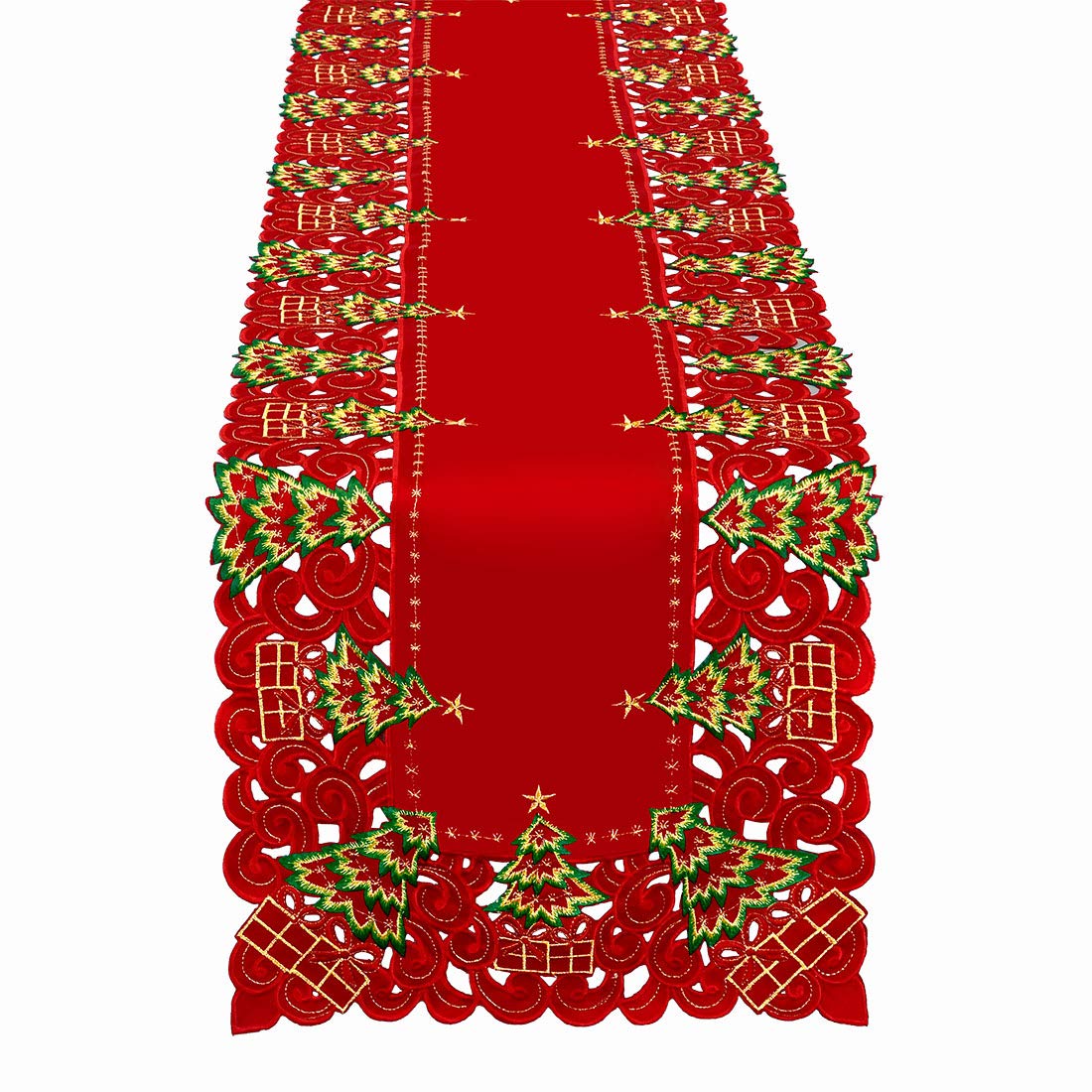 Grelucgo Large Embroidered Christmas Table Runner - Holiday Holly Tree Design, 16 x 108 Inch Rectangular Dresser Scarf for Dining Table, Buffet, Fireplace Mantel Decor