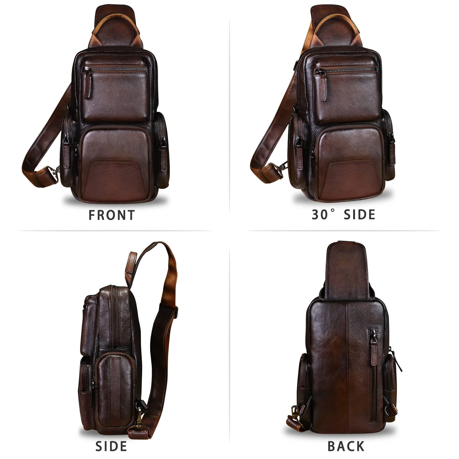 IVTG Genuine Leather Crossbody Sling Bag - Vintage Handmade Chest Shoulder Backpack for Hiking, Motorcycle & Casual Use (Coffee Brown)