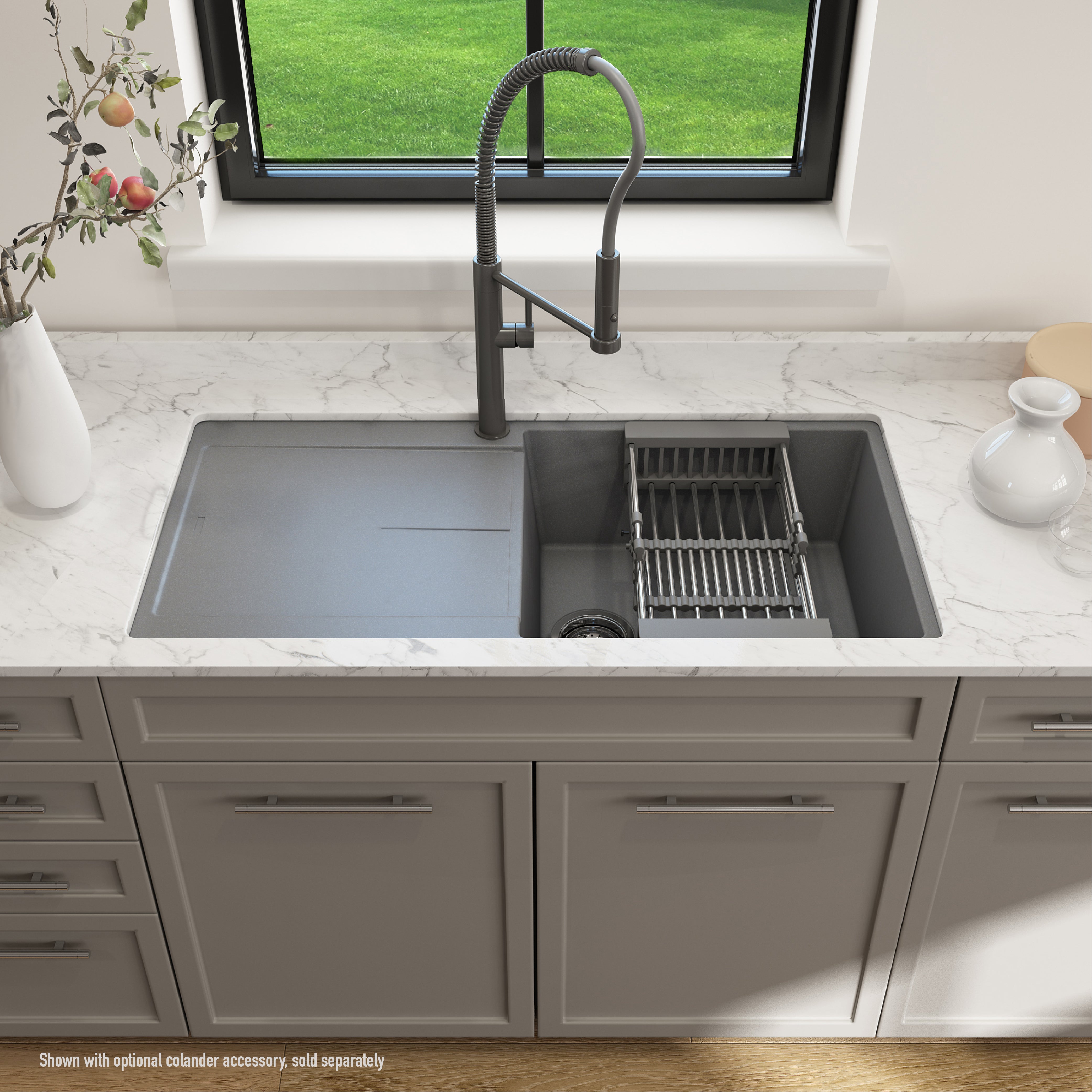 Dual Mount Composite Kitchen Sink with Drain Board - 20 Inch Undermount or Drop-in Installation, Concrete Gray Finish for Modern Farmhouse & Industrial Style Kitchens | Perfect for Meal Prep, Washing Dishes & Entertaining Guests