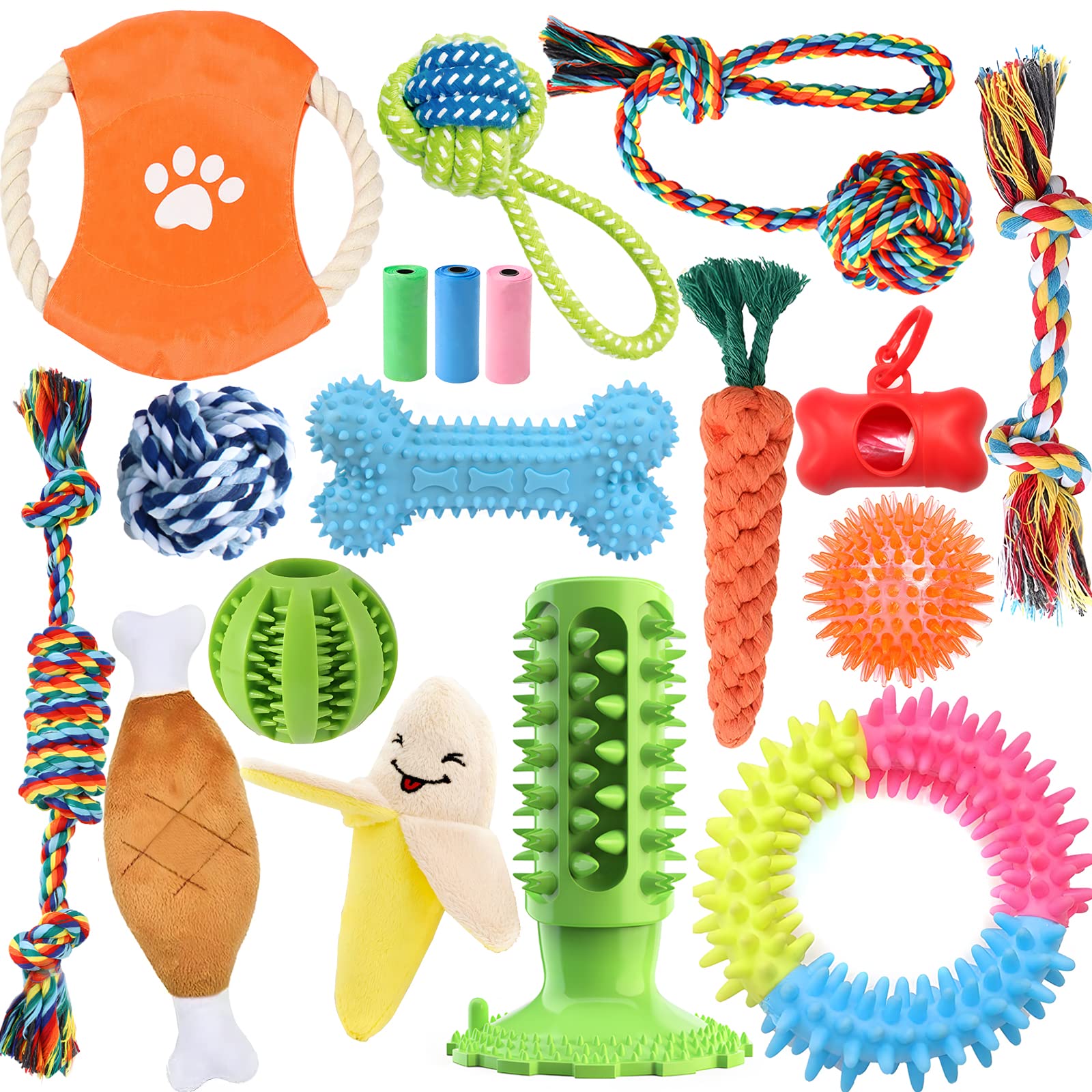18 Pack Dog Chew Toys for Puppies - Interactive Teething, Teeth Cleaning & Boredom Relief Toys for Small to Medium Dogs - Includes Plush Squeaky Toys & Rope Toys for Playtime, Training & Dental Health