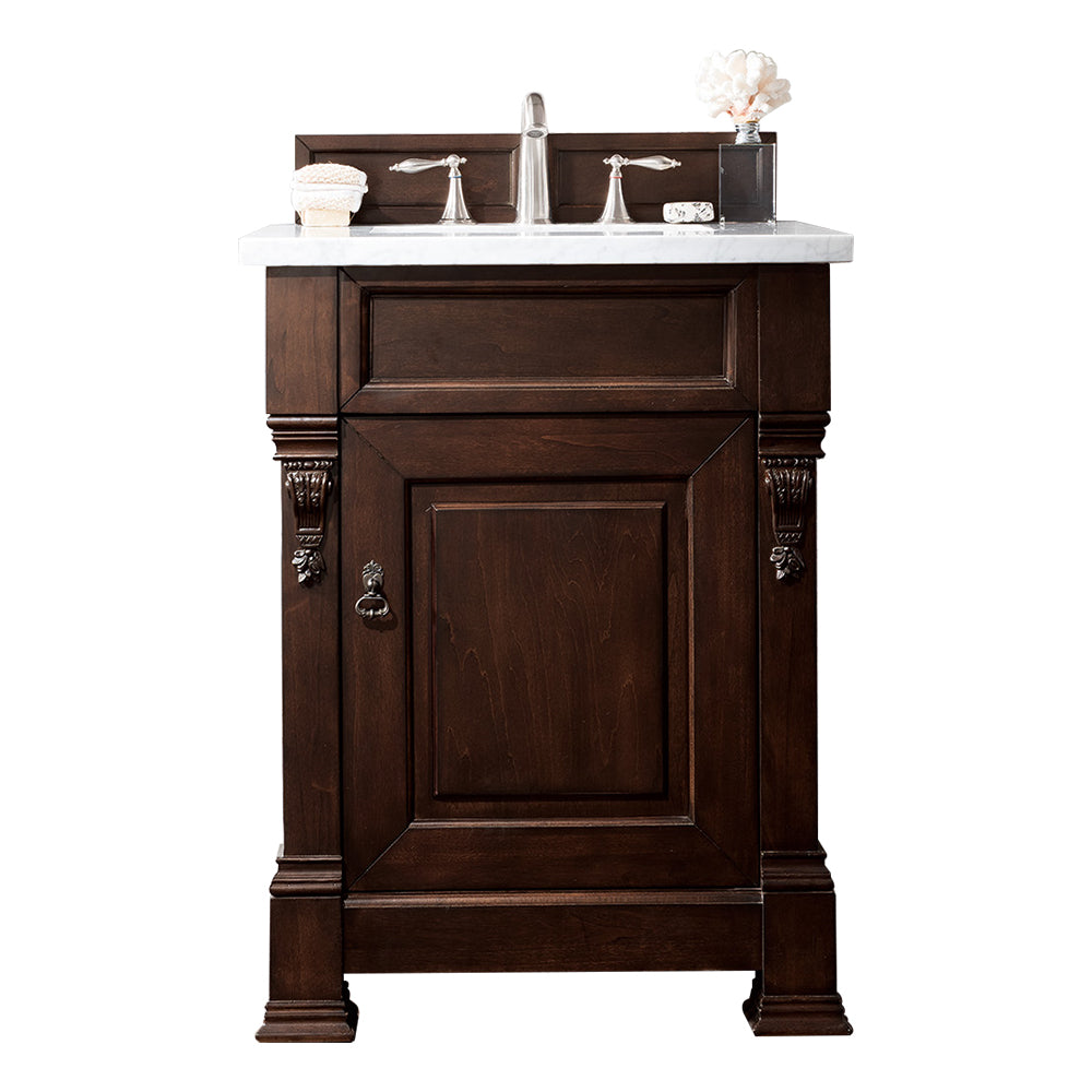 Brookfield 26 Inch Single Bathroom Vanity with Burnished Mahogany Finish & 3CM Arctic Fall Solid Surface Top - Perfect for Modern Home Bathroom Renovation
