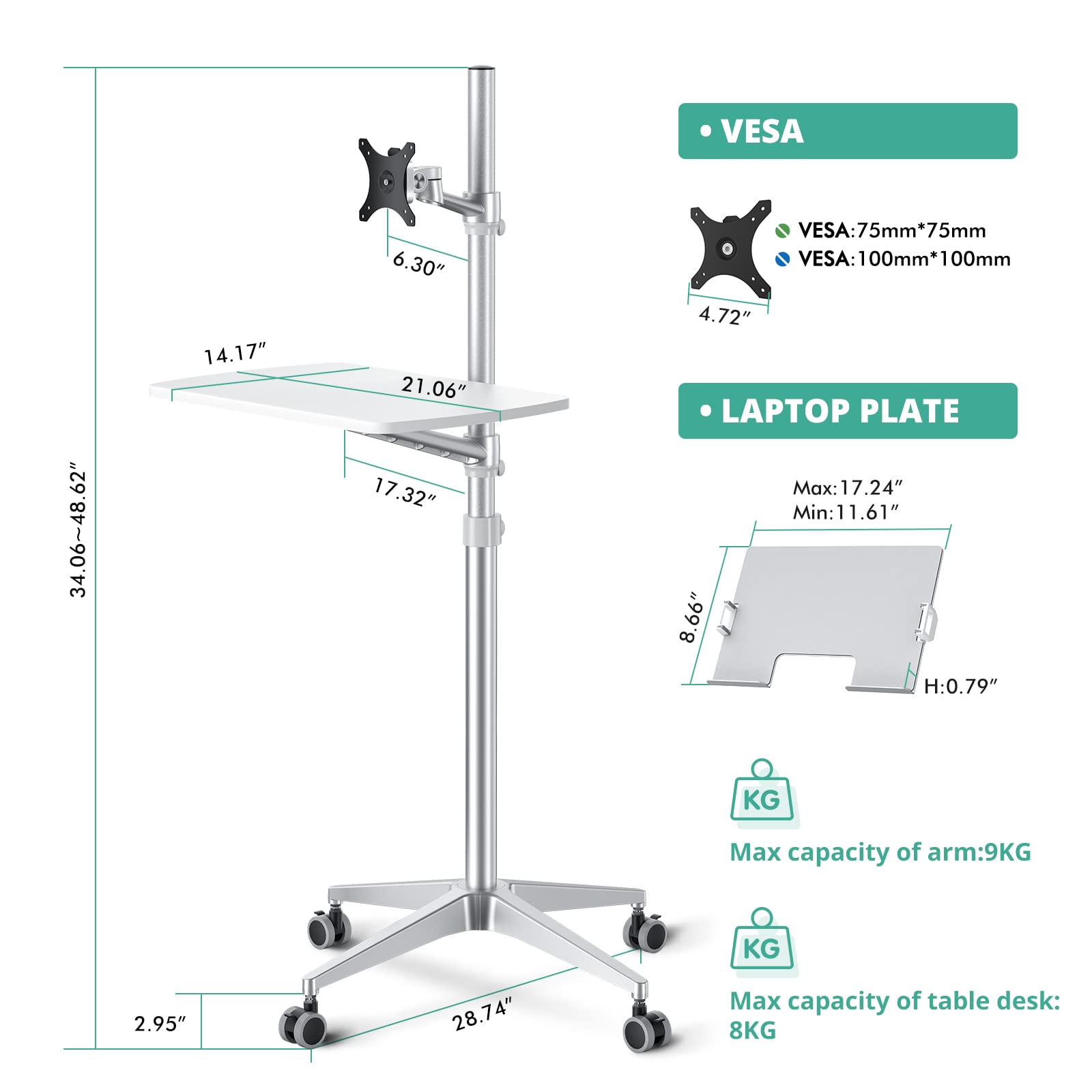 Viozon Adjustable Mobile Desk & Rolling Workstation - 34
