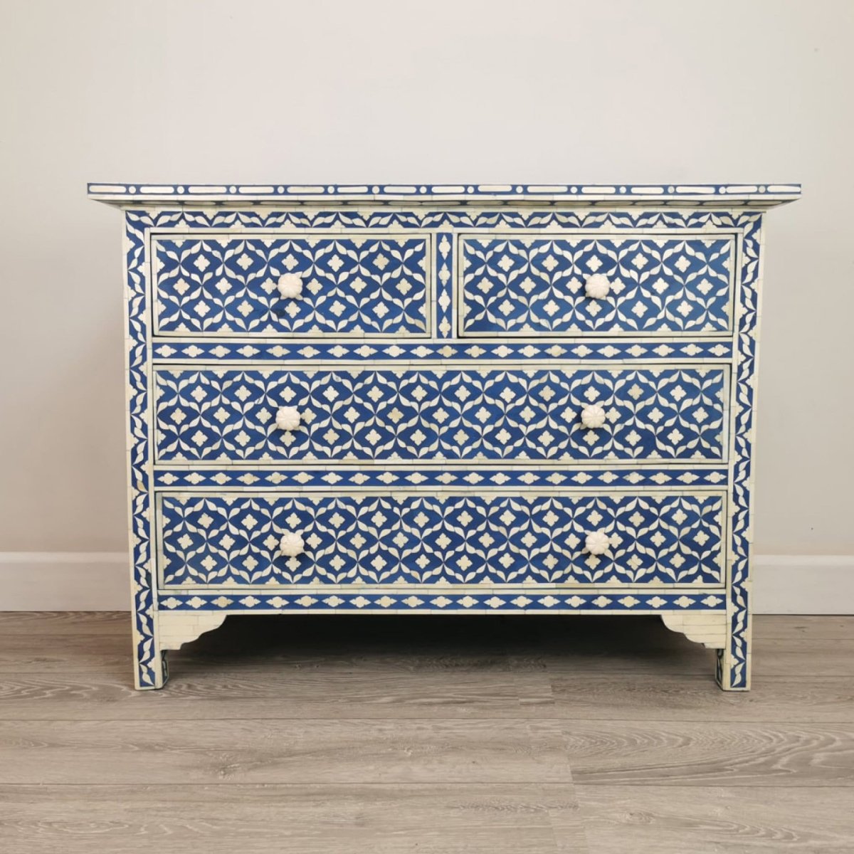 Handmade Bone Inlay Semi Geometric 4-Drawer Dresser - Dark Blue Vintage Boho Bedroom Furniture for Home Decor & Storage