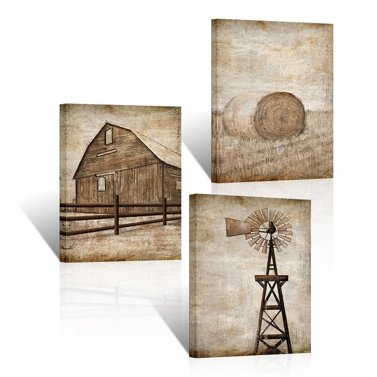 Vintage Country Landscape Canvas Wall Art - Rustic Barn Windmill Paintings for Farmhouse Decor (12