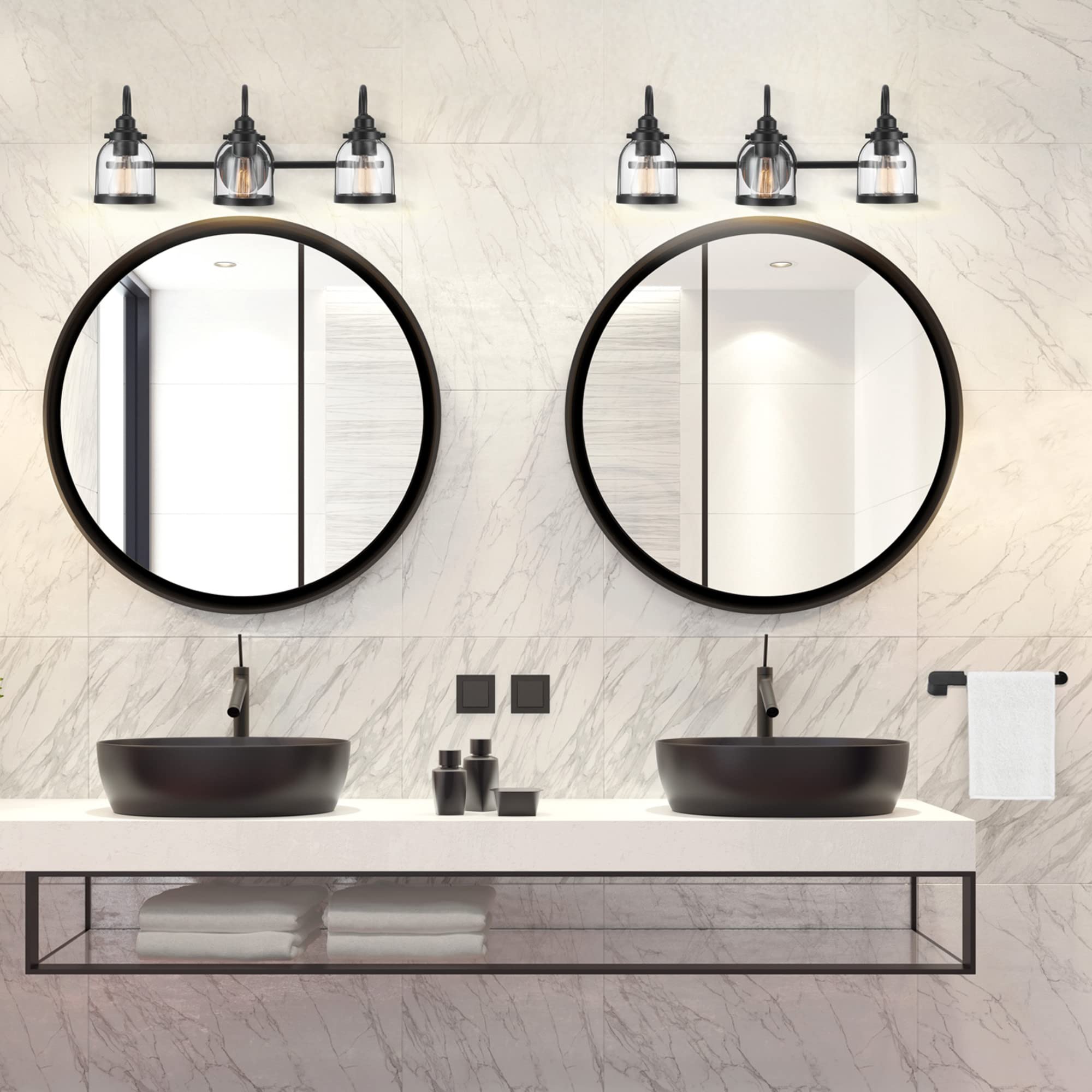 Globe Electric 52064 Devonport 5-Piece Bathroom Set - Matte Black Finish with 3-Light Vanity, Clear Glass Shades, Towel Bar, Ring, Robe Hook & Toilet Paper Holder | Modern Bathroom Lighting & Accessories for Home Renovation & Spa-Style Decor